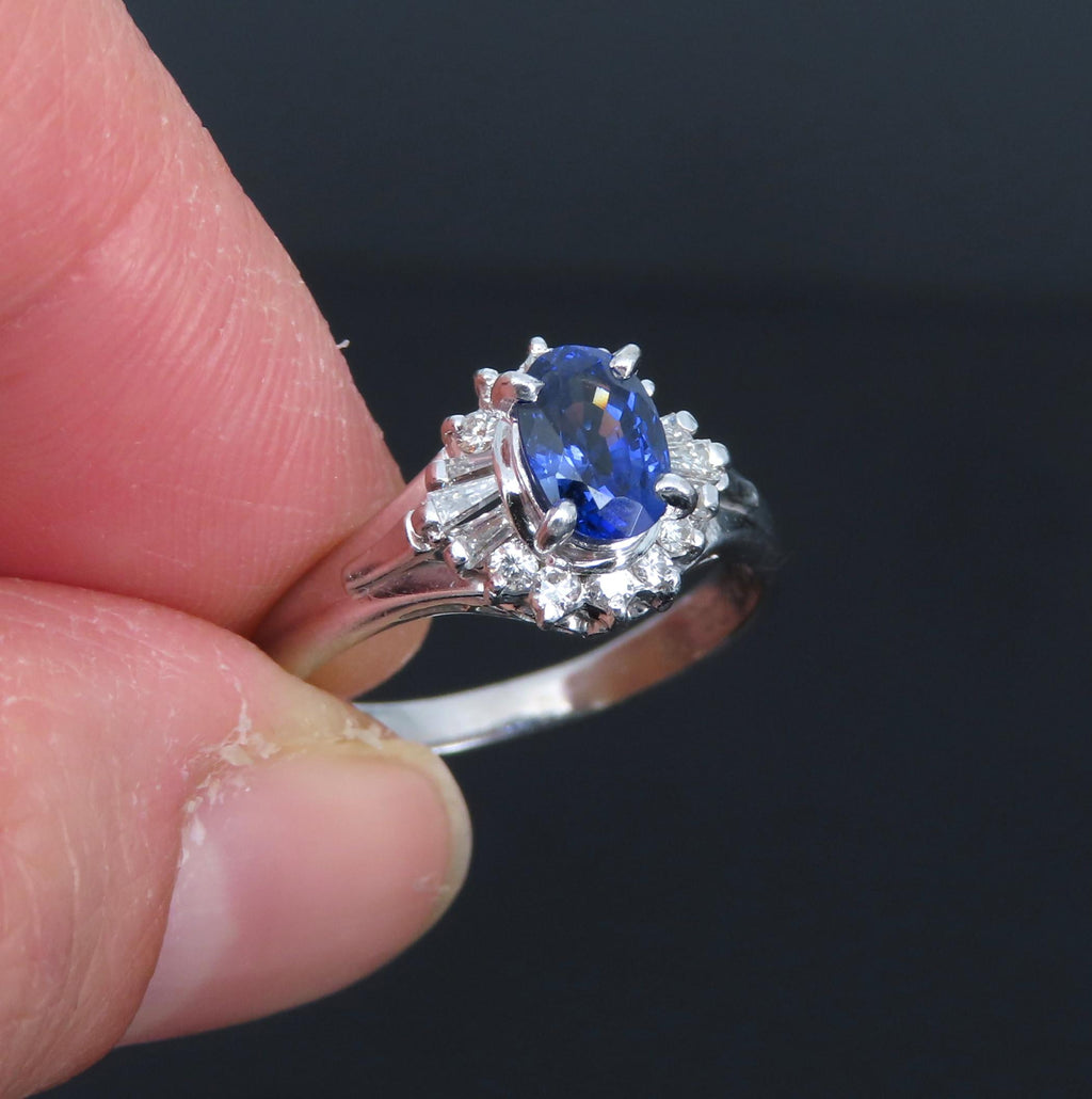 Vintage 0.96ct Blue Sapphire & 0.26ct Diamond Platinum Cocktail Ring Size 7