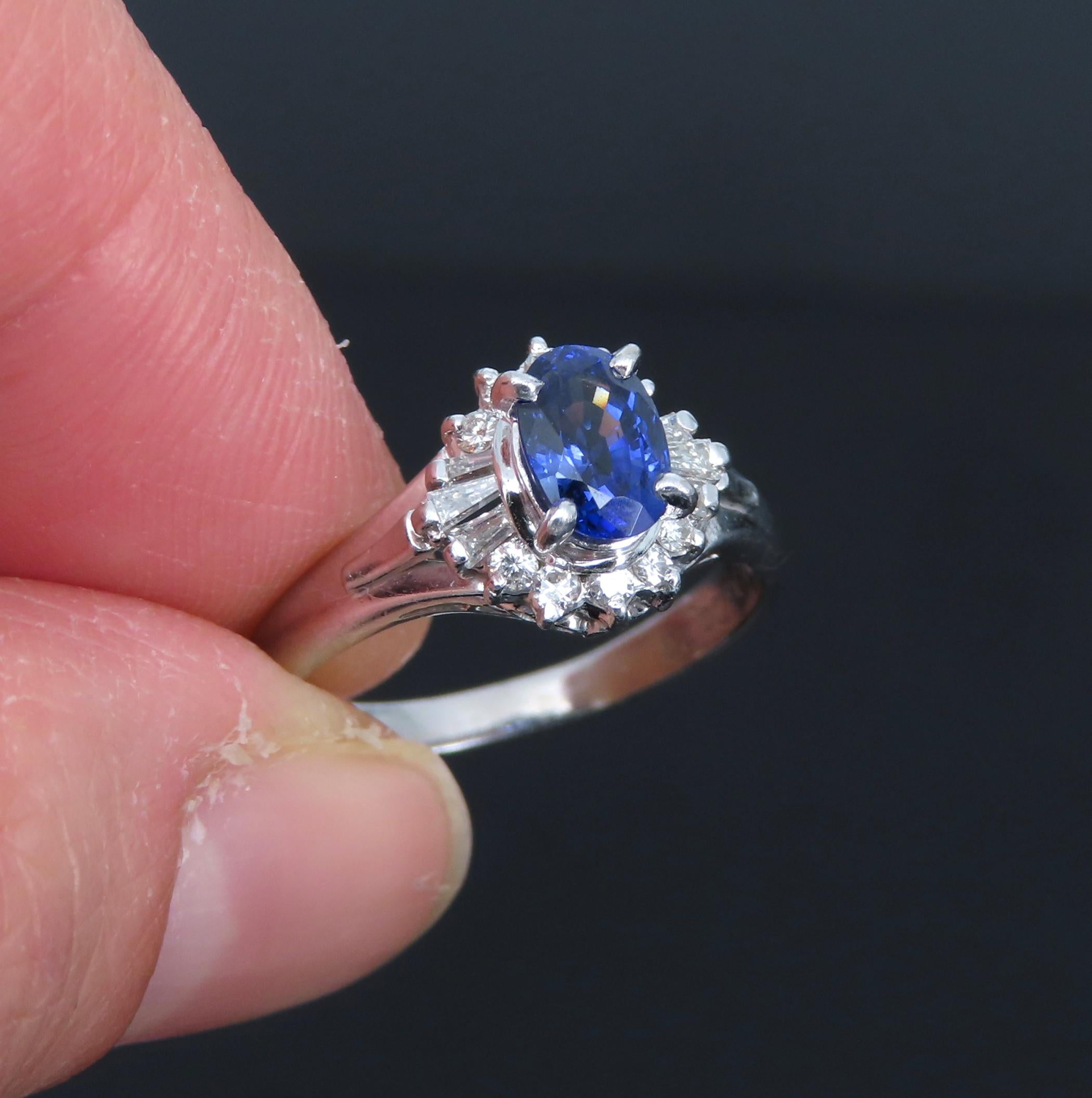 Vintage 0.96ct Blue Sapphire & 0.26ct Diamond Platinum Cocktail Ring Size 7