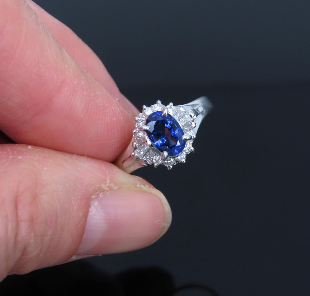 Vintage 0.96ct Blue Sapphire & 0.26ct Diamond Platinum Cocktail Ring Size 7
