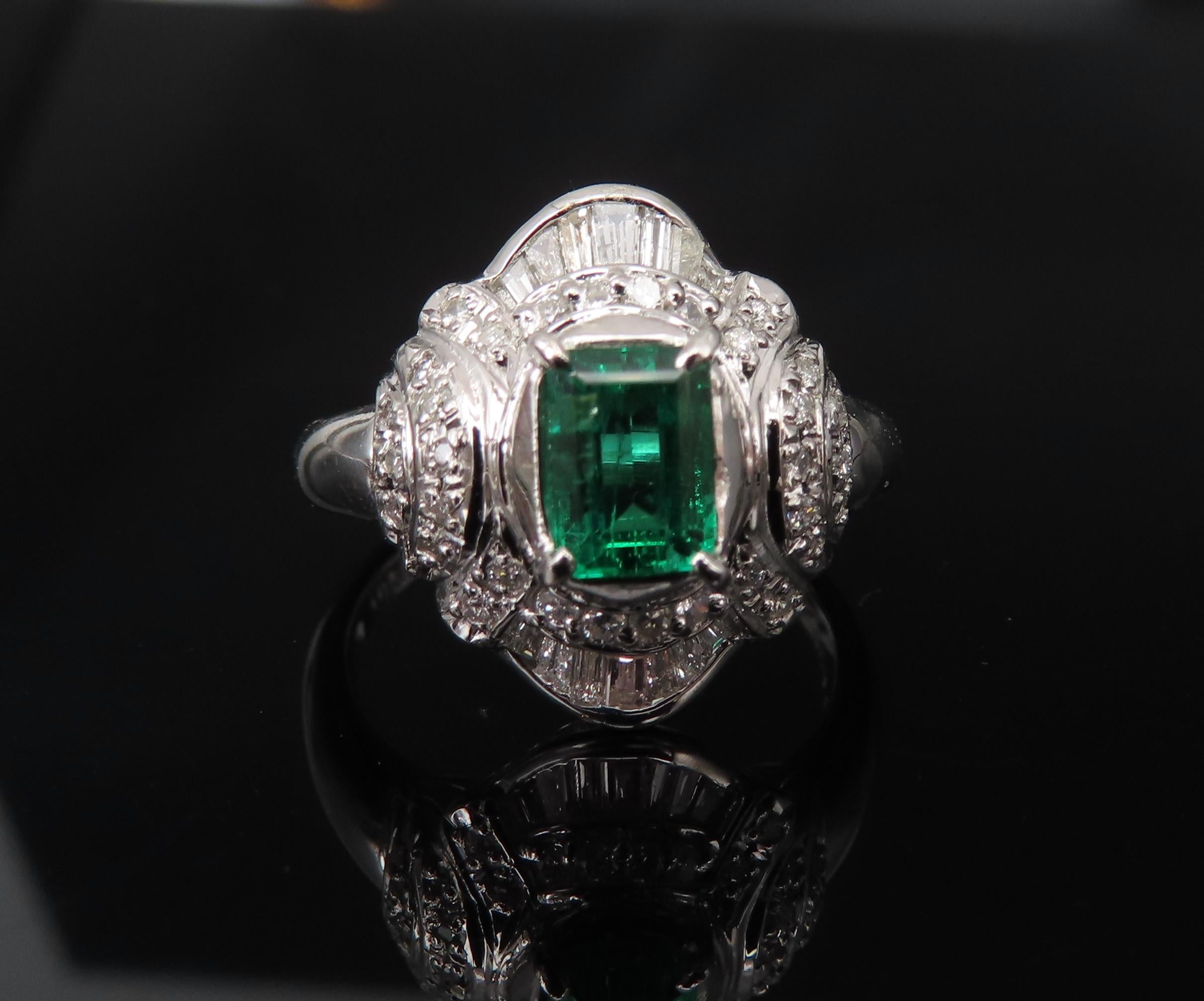 0.61ct GIA Colombian No Oil Emerald & 0.32ct Diamond Platinum Ring, Size 5.5