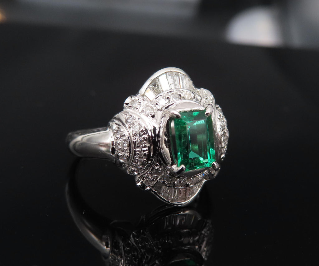 0.61ct GIA Colombian No Oil Emerald & 0.32ct Diamond Platinum Ring, Size 5.5