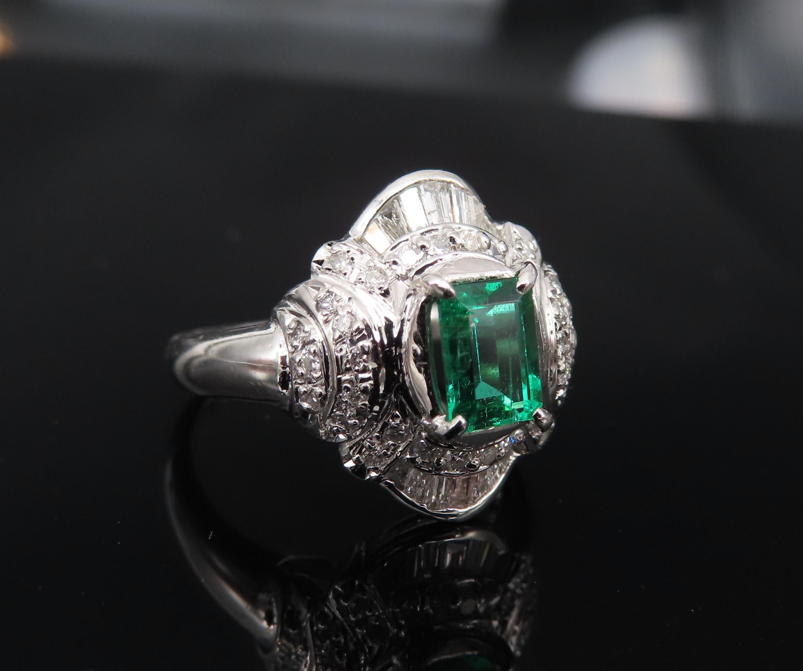 0.61ct GIA Colombian No Oil Emerald & 0.32ct Diamond Platinum Ring, Size 5.5