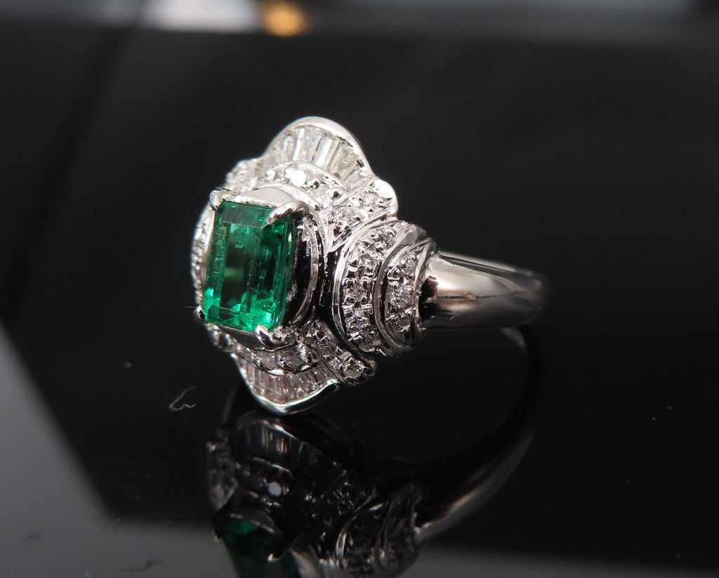 0.61ct GIA Colombian No Oil Emerald & 0.32ct Diamond Platinum Ring, Size 5.5