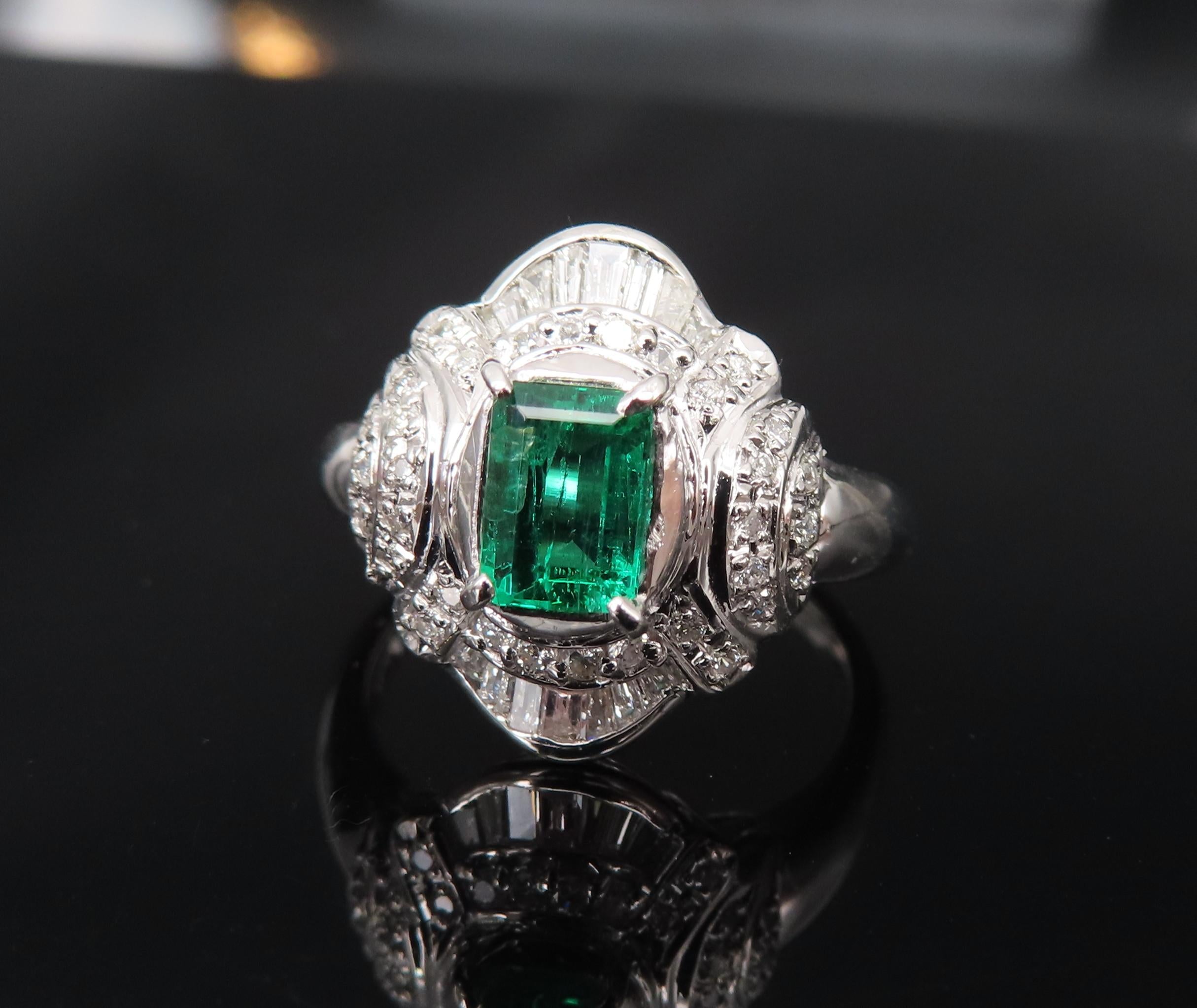 0.61ct GIA Colombian No Oil Emerald & 0.32ct Diamond Platinum Ring, Size 5.5
