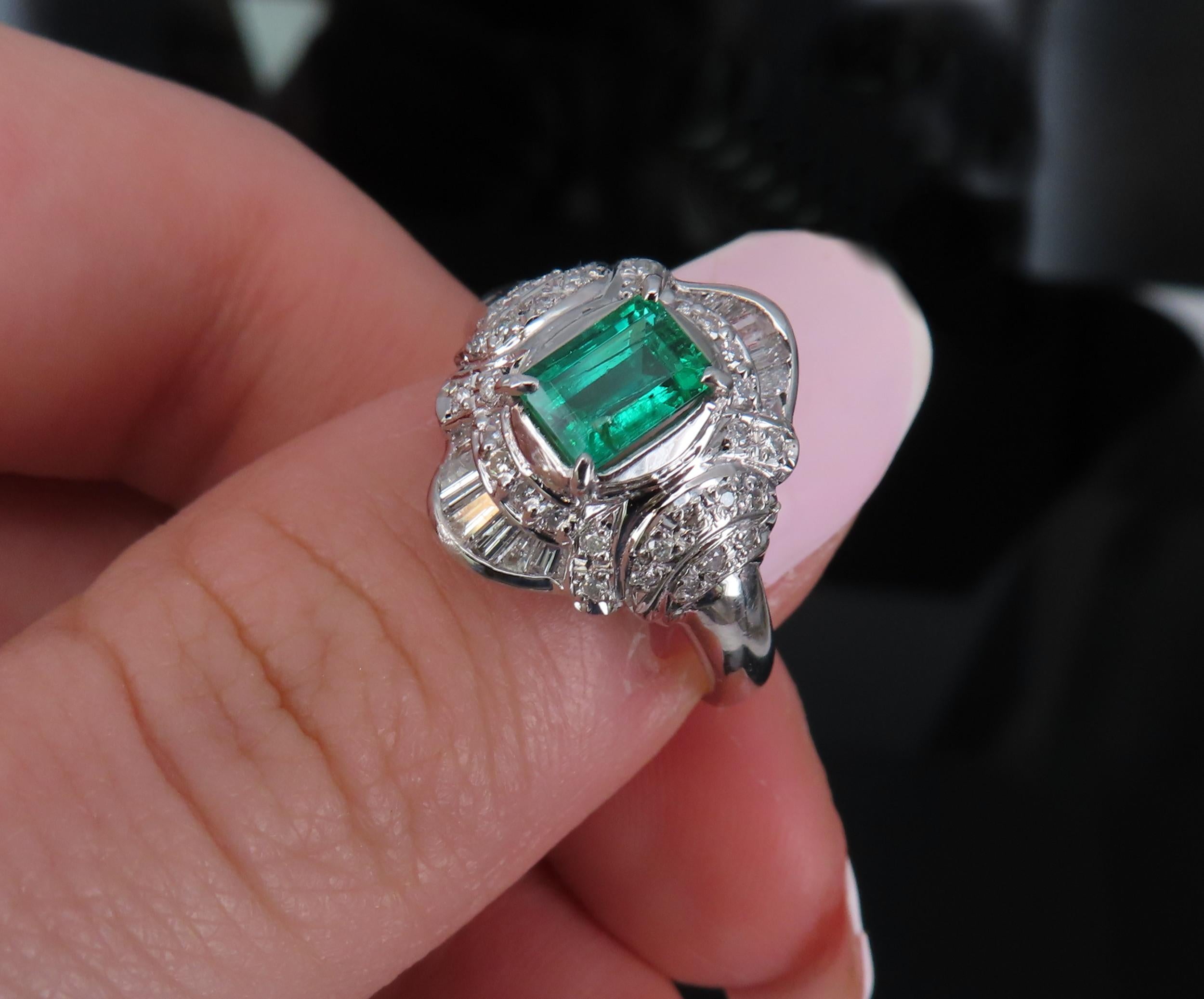 0.61ct GIA Colombian No Oil Emerald & 0.32ct Diamond Platinum Ring, Size 5.5
