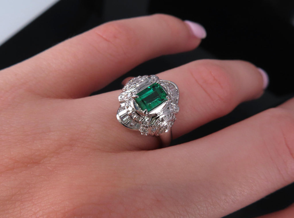 0.61ct GIA Colombian No Oil Emerald & 0.32ct Diamond Platinum Ring, Size 5.5