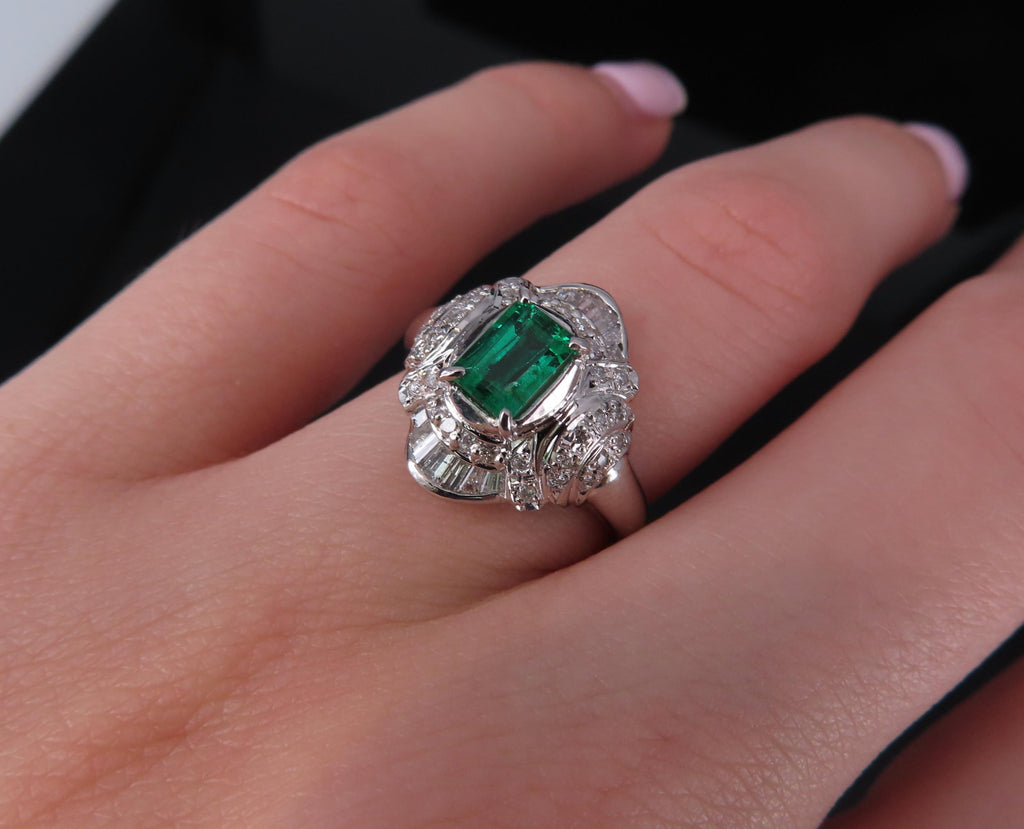 0.61ct GIA Colombian No Oil Emerald & 0.32ct Diamond Platinum Ring, Size 5.5