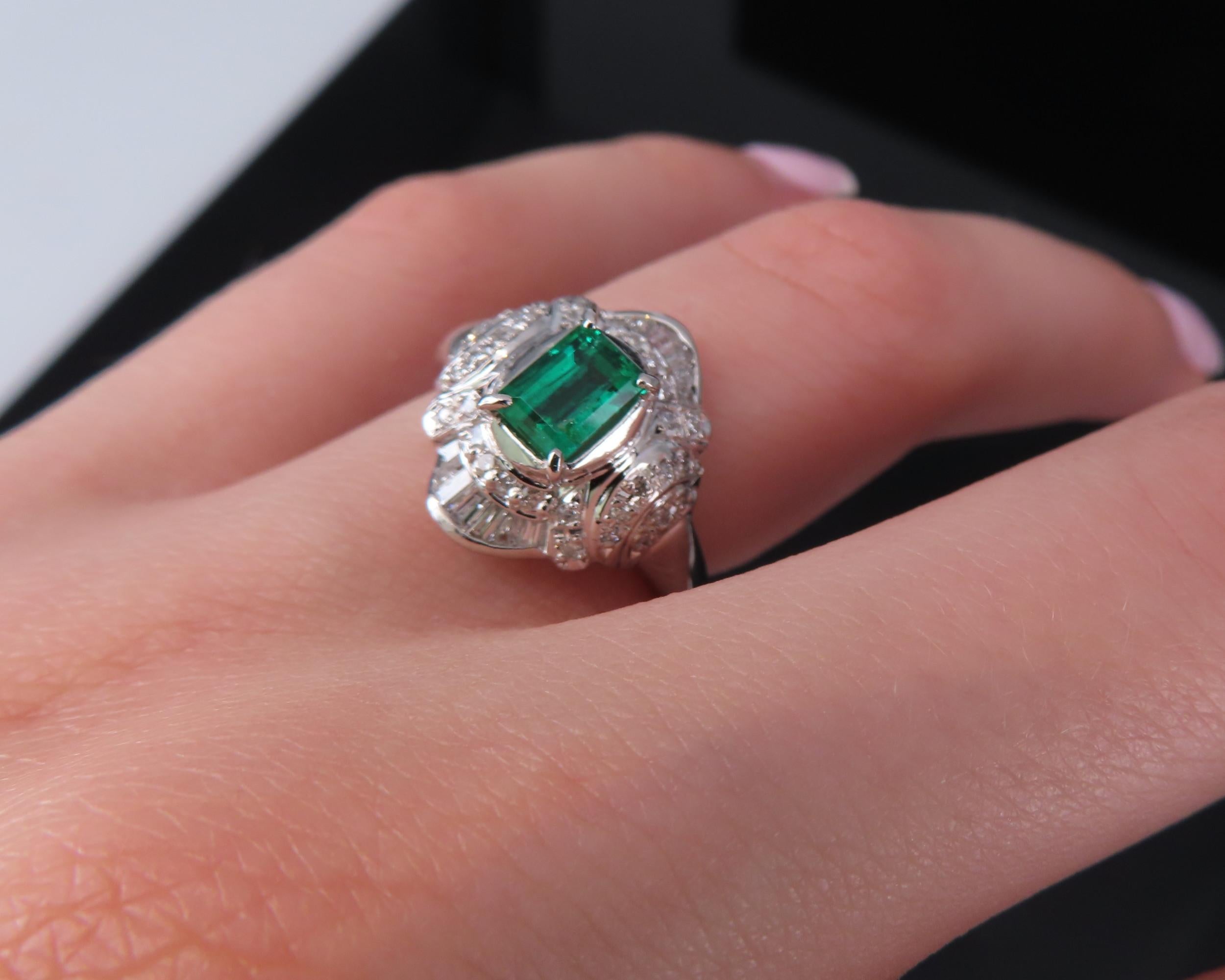 0.61ct GIA Colombian No Oil Emerald & 0.32ct Diamond Platinum Ring, Size 5.5