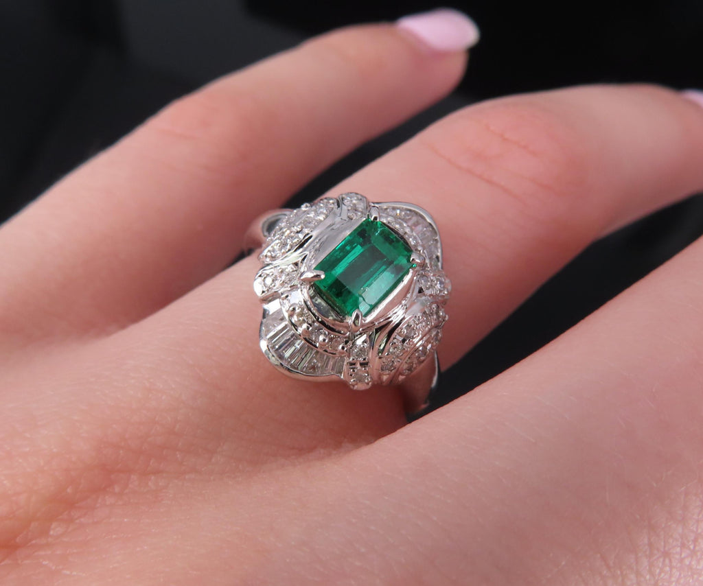 0.61ct GIA Colombian No Oil Emerald & 0.32ct Diamond Platinum Ring, Size 5.5