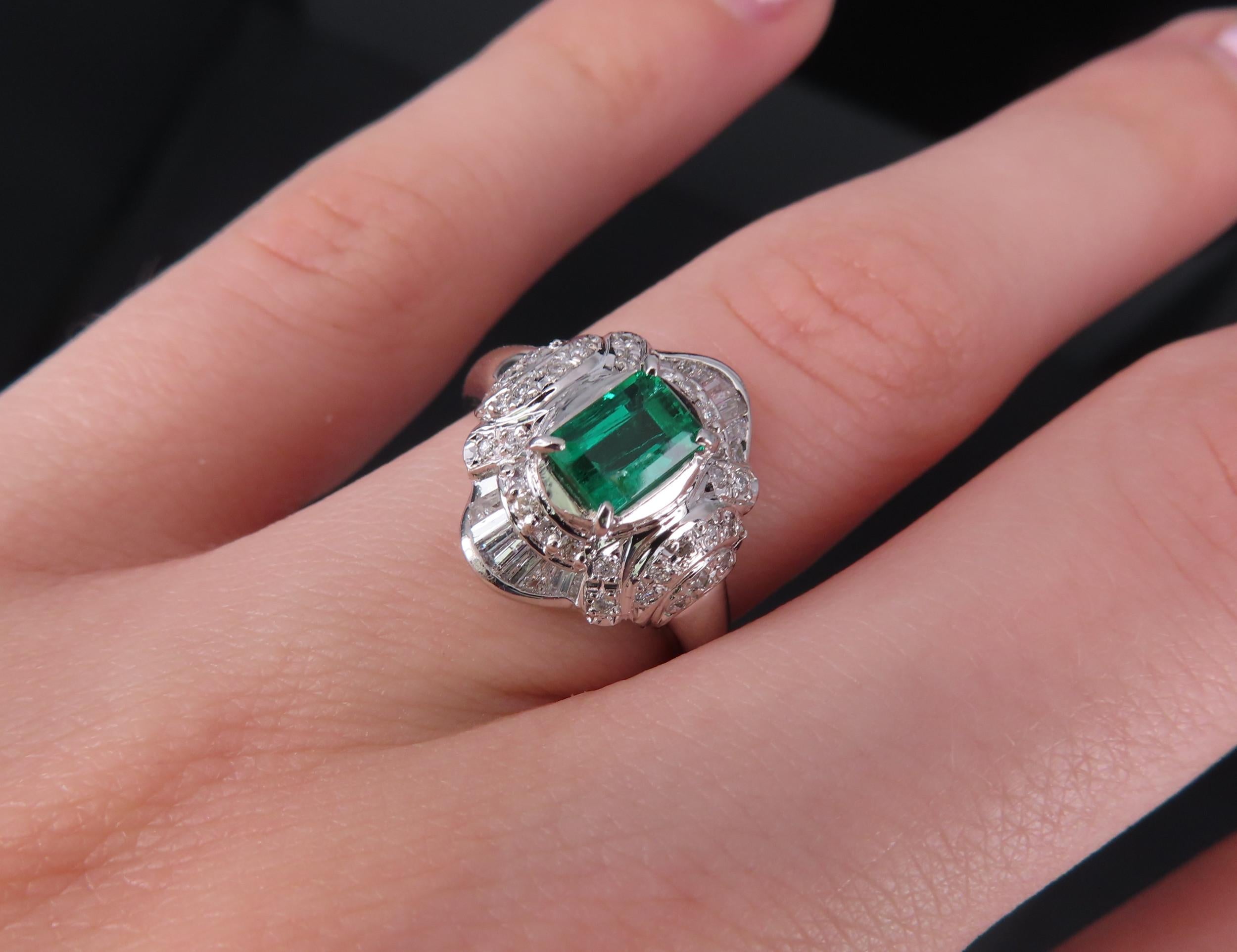 0.61ct GIA Colombian No Oil Emerald & 0.32ct Diamond Platinum Ring, Size 5.5