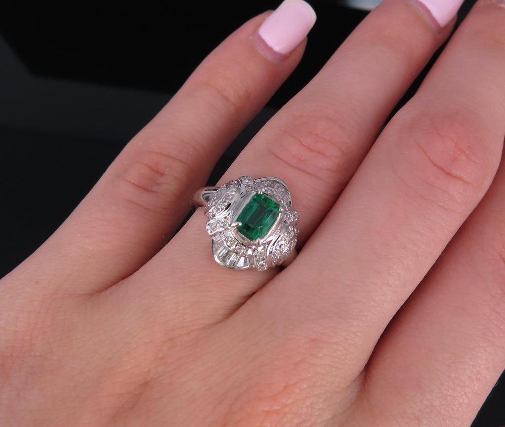 0.61ct GIA Colombian No Oil Emerald & 0.32ct Diamond Platinum Ring, Size 5.5