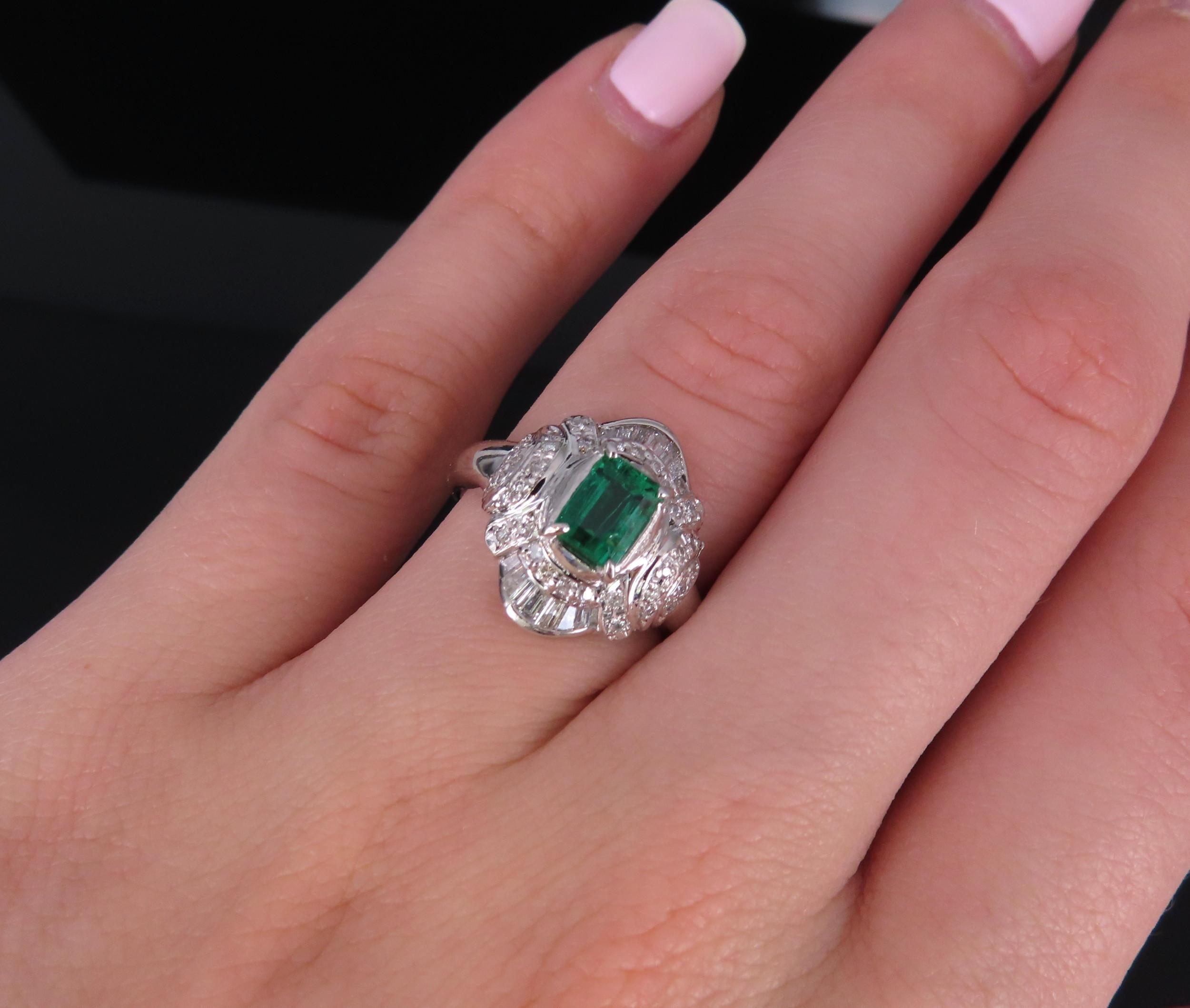 0.61ct GIA Colombian No Oil Emerald & 0.32ct Diamond Platinum Ring, Size 5.5