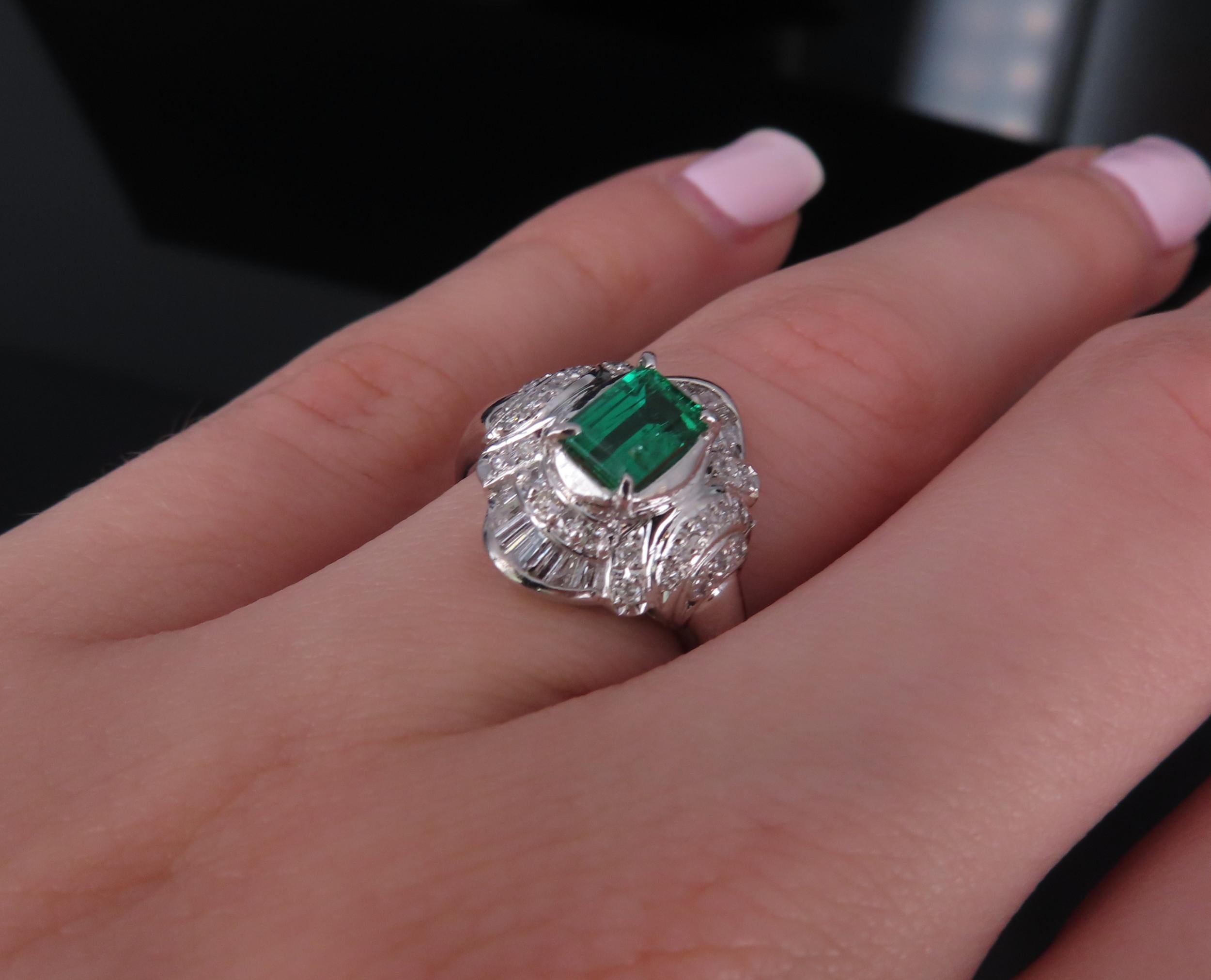 0.61ct GIA Colombian No Oil Emerald & 0.32ct Diamond Platinum Ring, Size 5.5