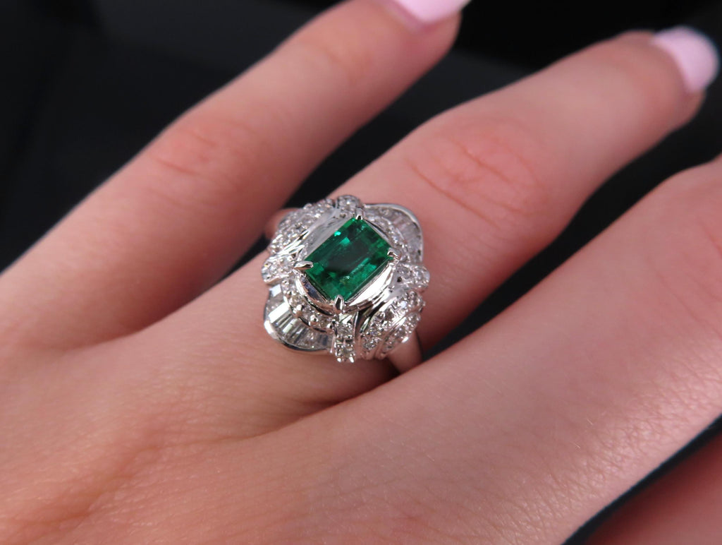0.61ct GIA Colombian No Oil Emerald & 0.32ct Diamond Platinum Ring, Size 5.5