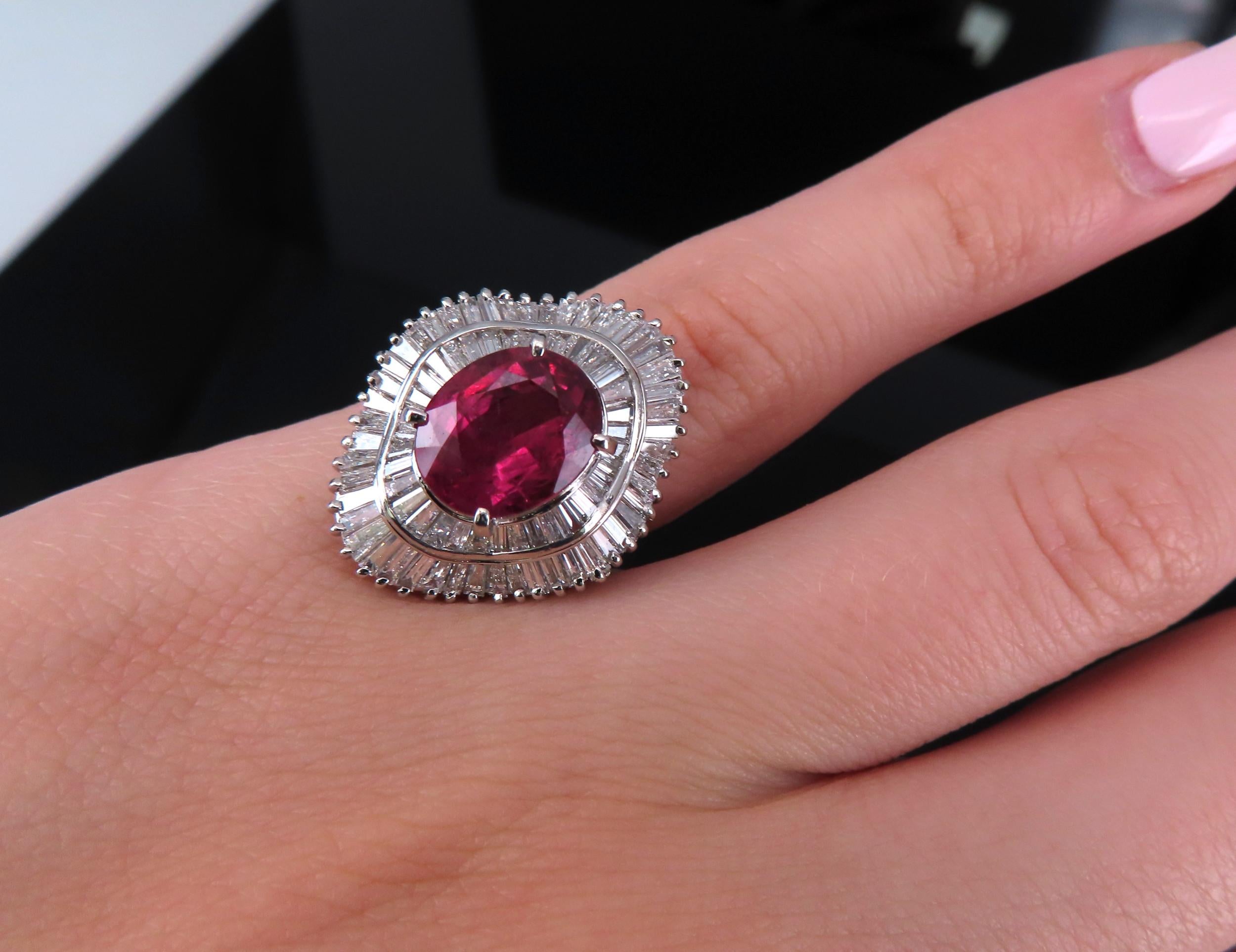 Fine 3.04ct GIA Certified Thai Heated Ruby & 1.64ct Diamond Platinum Ring Size 4