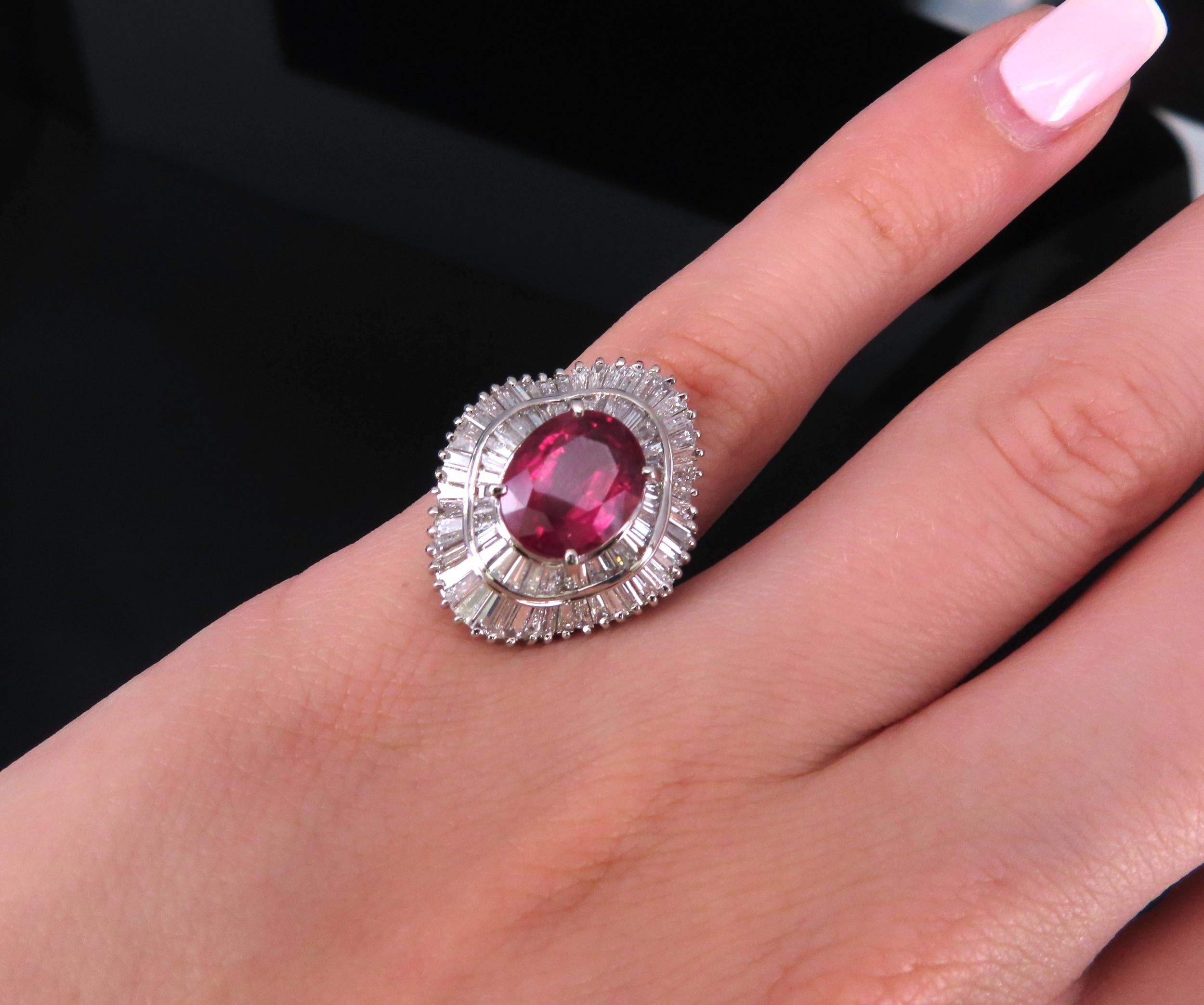 Fine 3.04ct GIA Certified Thai Heated Ruby & 1.64ct Diamond Platinum Ring Size 4