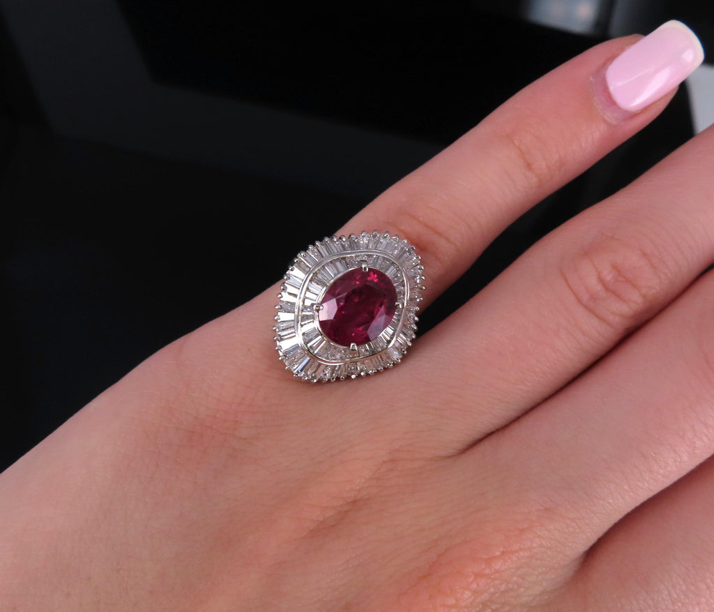 Fine 3.04ct GIA Certified Thai Heated Ruby & 1.64ct Diamond Platinum Ring Size 4
