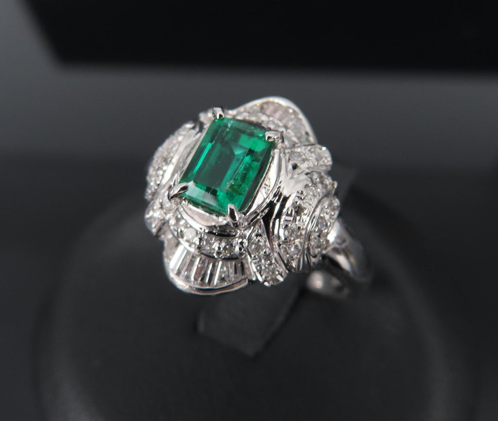 0.61ct GIA Colombian No Oil Emerald & 0.32ct Diamond Platinum Ring, Size 5.5