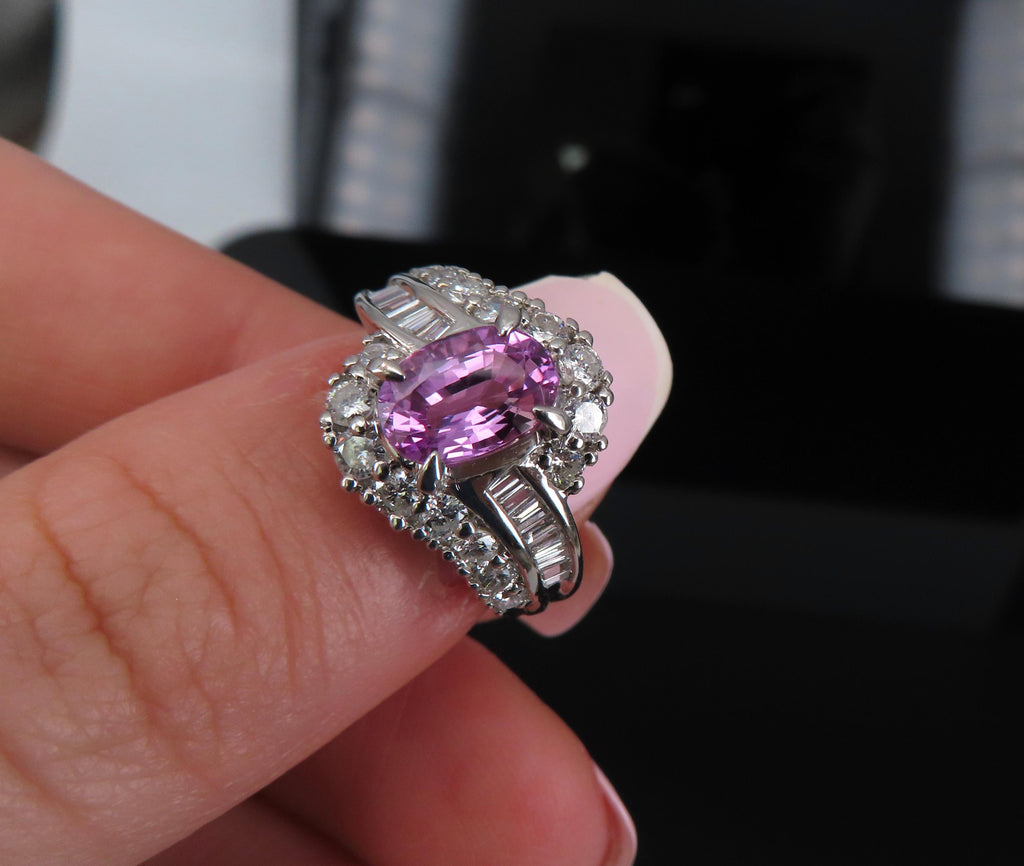 2.02ct GIA Ceylon No Heat Pink Sapphire 1.00ct Diamond Platinum Ring Size 5.25
