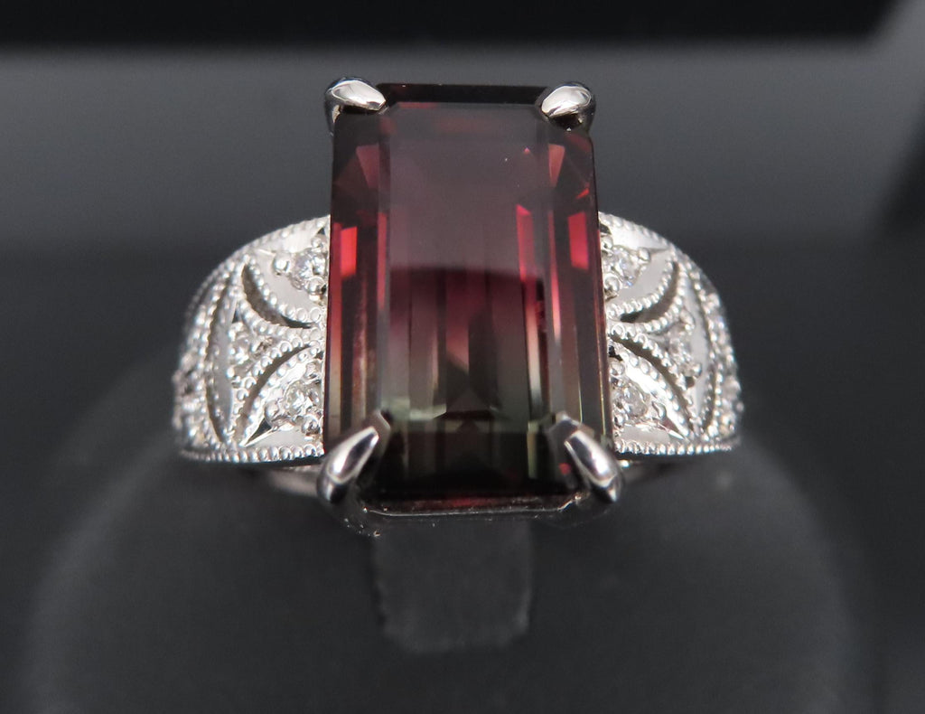 7.16ct Intense Watermelon Tourmaline & 0.15ct Diamond Platinum Ring, Size 7
