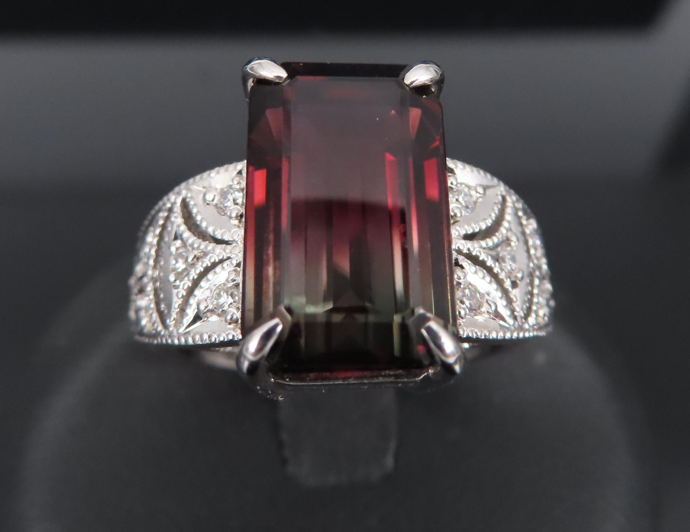 7.16ct Intense Watermelon Tourmaline & 0.15ct Diamond Platinum Ring, Size 7