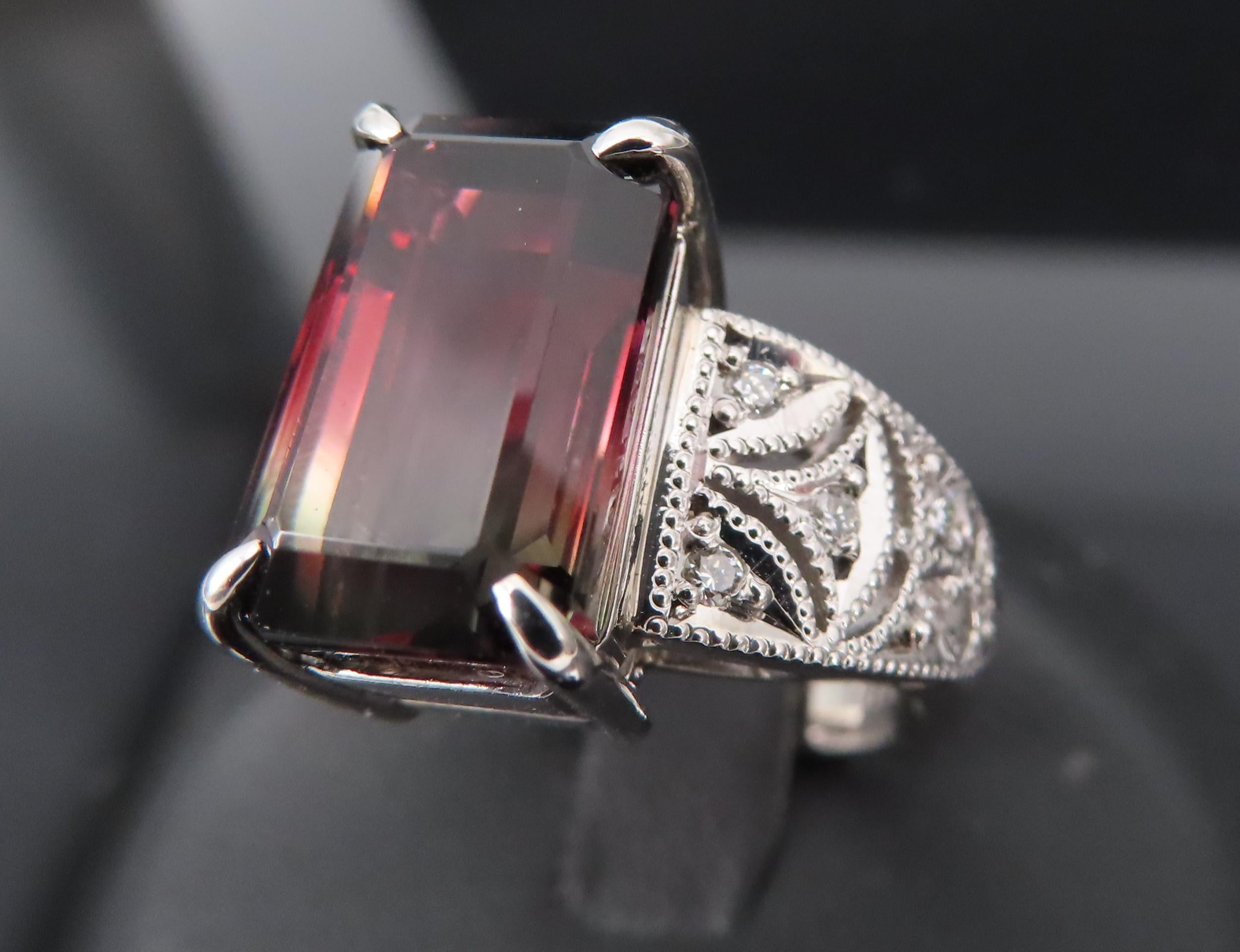 7.16ct Intense Watermelon Tourmaline & 0.15ct Diamond Platinum Ring, Size 7
