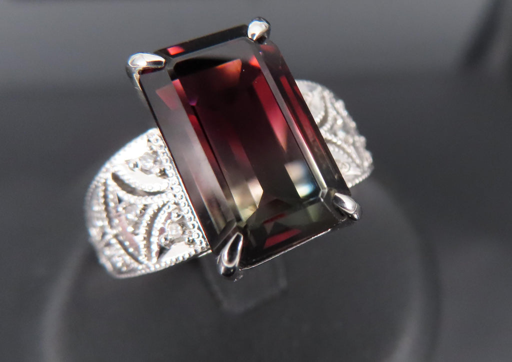 7.16ct Intense Watermelon Tourmaline & 0.15ct Diamond Platinum Ring, Size 7