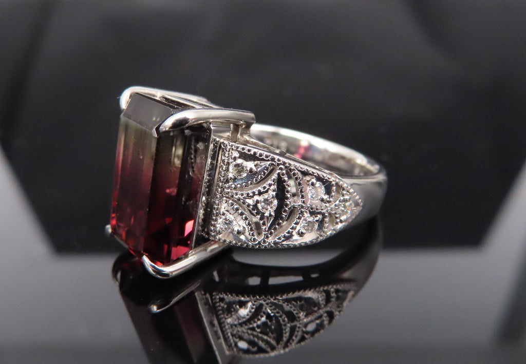 7.16ct Intense Watermelon Tourmaline & 0.15ct Diamond Platinum Ring, Size 7