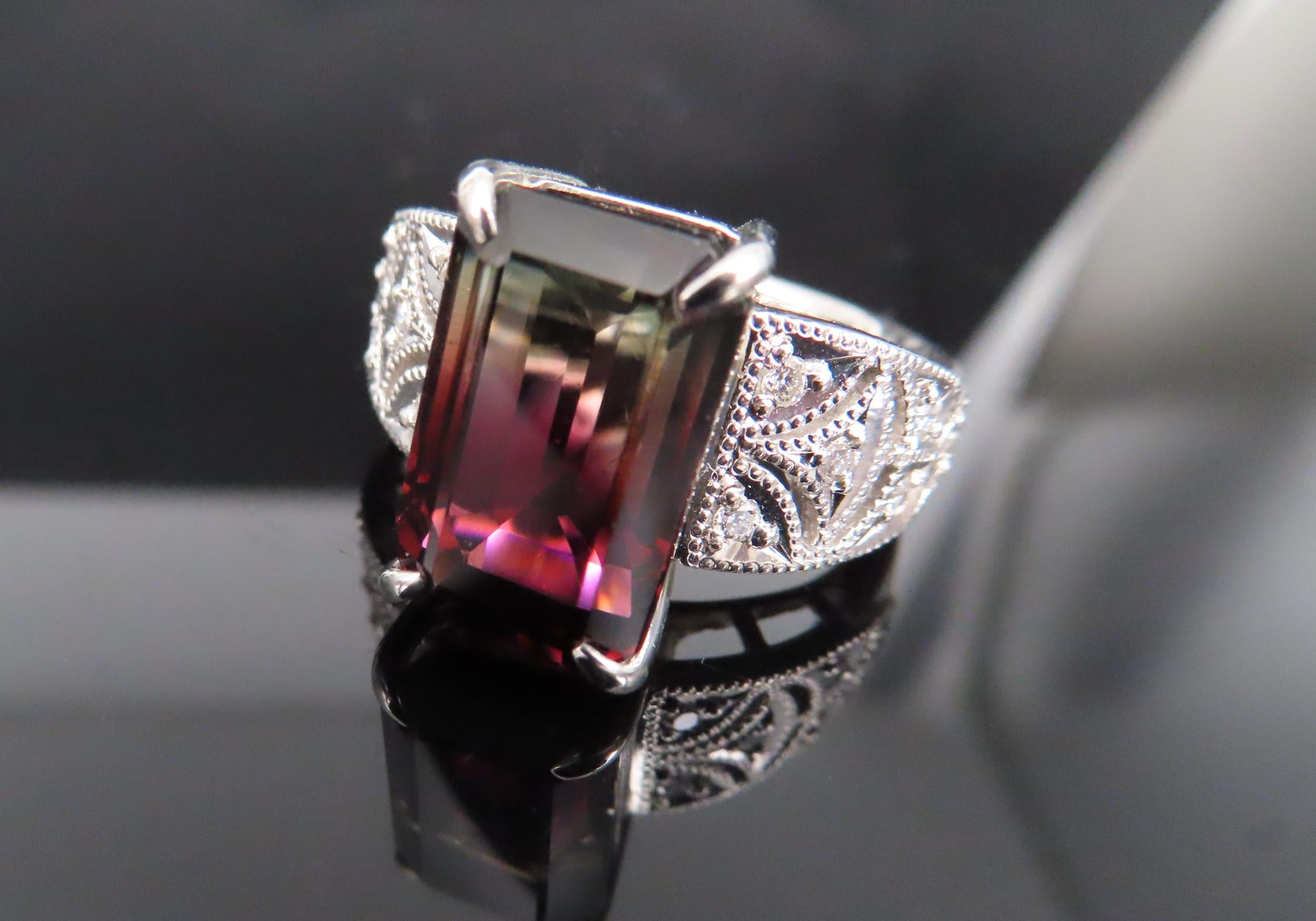 7.16ct Intense Watermelon Tourmaline & 0.15ct Diamond Platinum Ring, Size 7