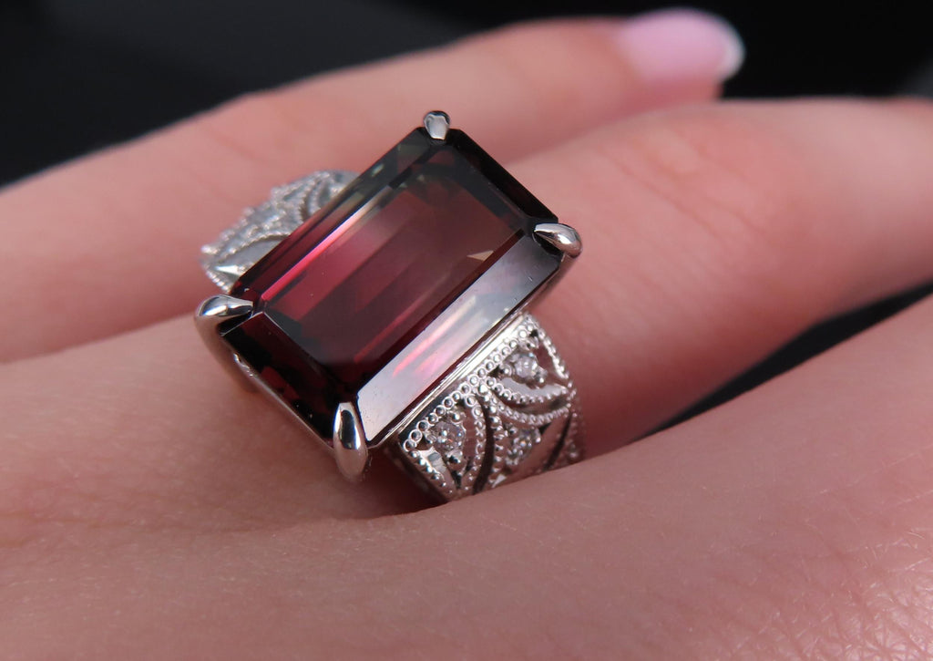 7.16ct Intense Watermelon Tourmaline & 0.15ct Diamond Platinum Ring, Size 7