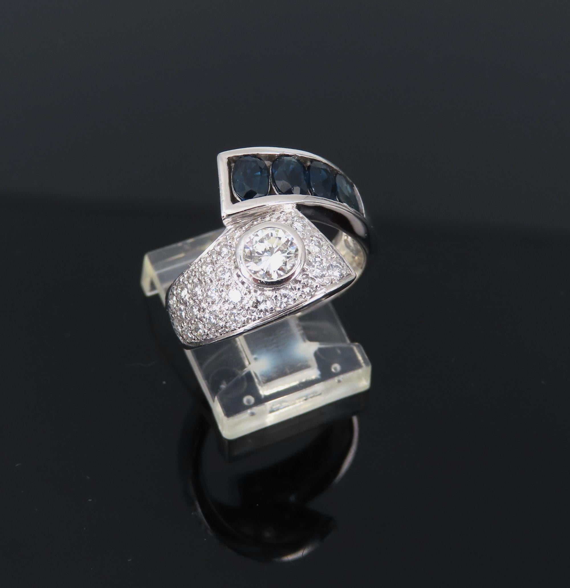 Vintage 0.88ct Diamond & 0.90ct Sapphire Platinum Crossover Ring Size 7 11.3gr