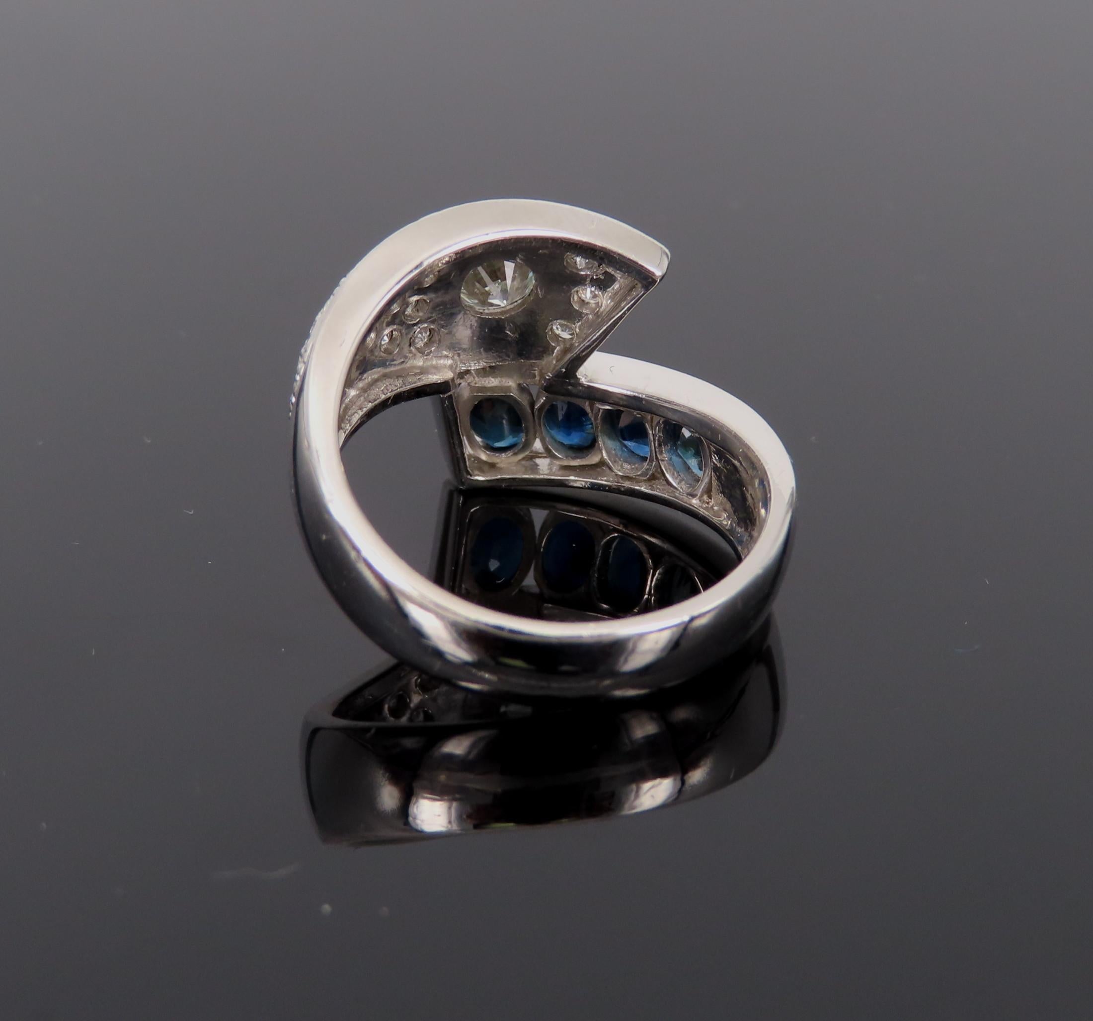 Vintage 0.88ct Diamond & 0.90ct Sapphire Platinum Crossover Ring Size 7 11.3gr