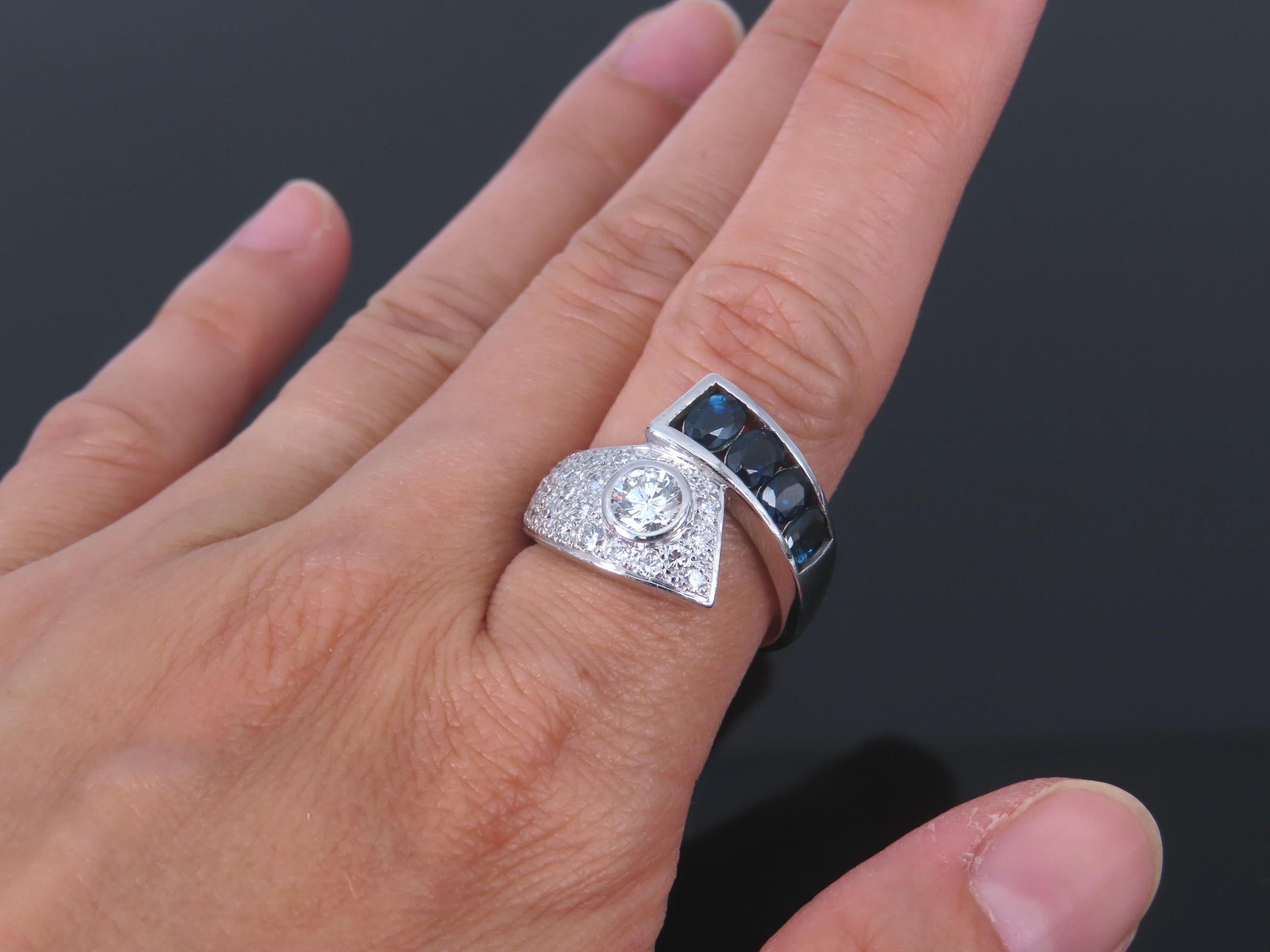 Vintage 0.88ct Diamond & 0.90ct Sapphire Platinum Crossover Ring Size 7 11.3gr