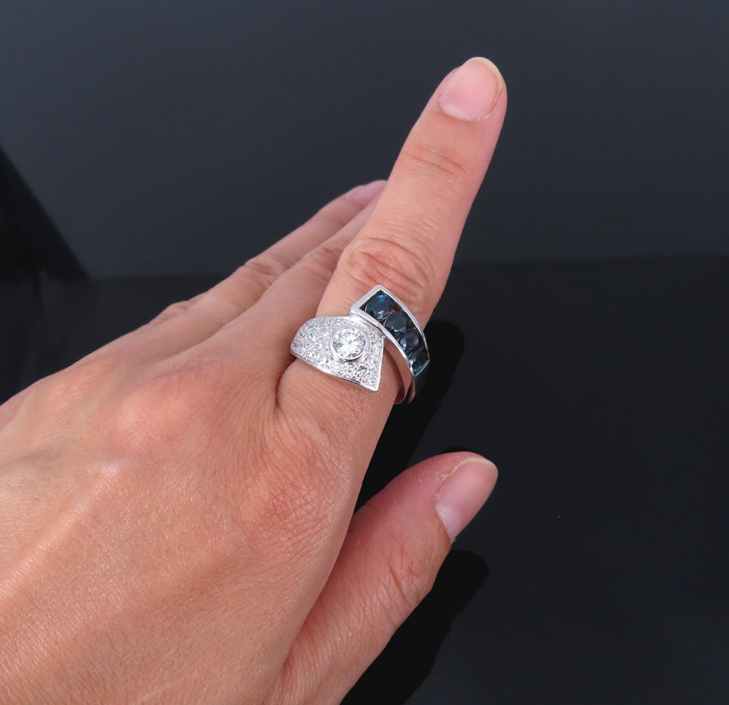 Vintage 0.88ct Diamond & 0.90ct Sapphire Platinum Crossover Ring Size 7 11.3gr