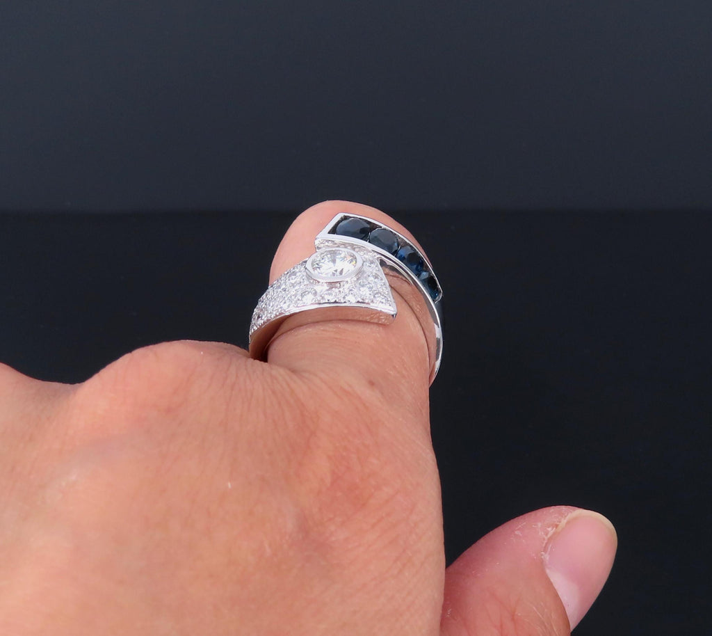 Vintage 0.88ct Diamond & 0.90ct Sapphire Platinum Crossover Ring Size 7 11.3gr