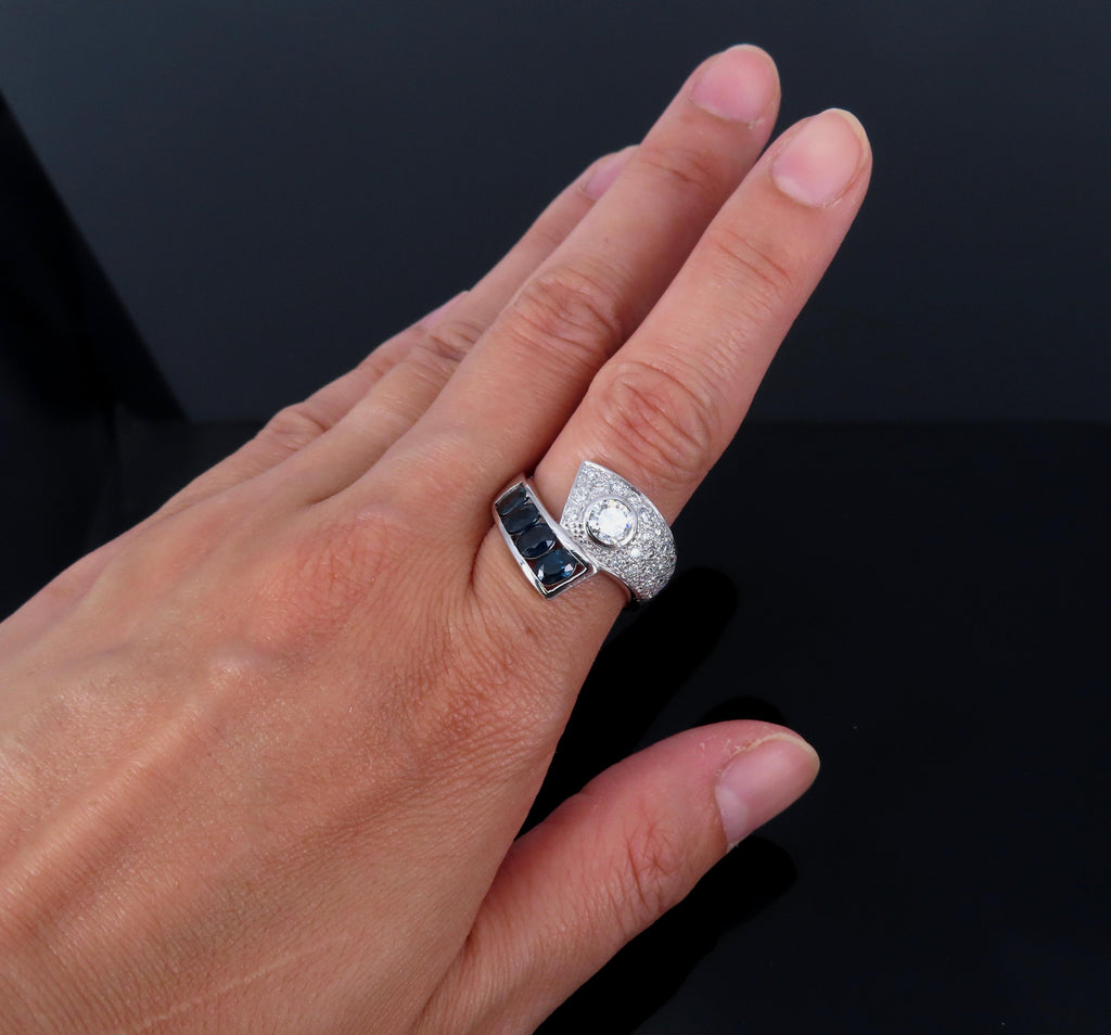 Vintage 0.88ct Diamond & 0.90ct Sapphire Platinum Crossover Ring Size 7 11.3gr