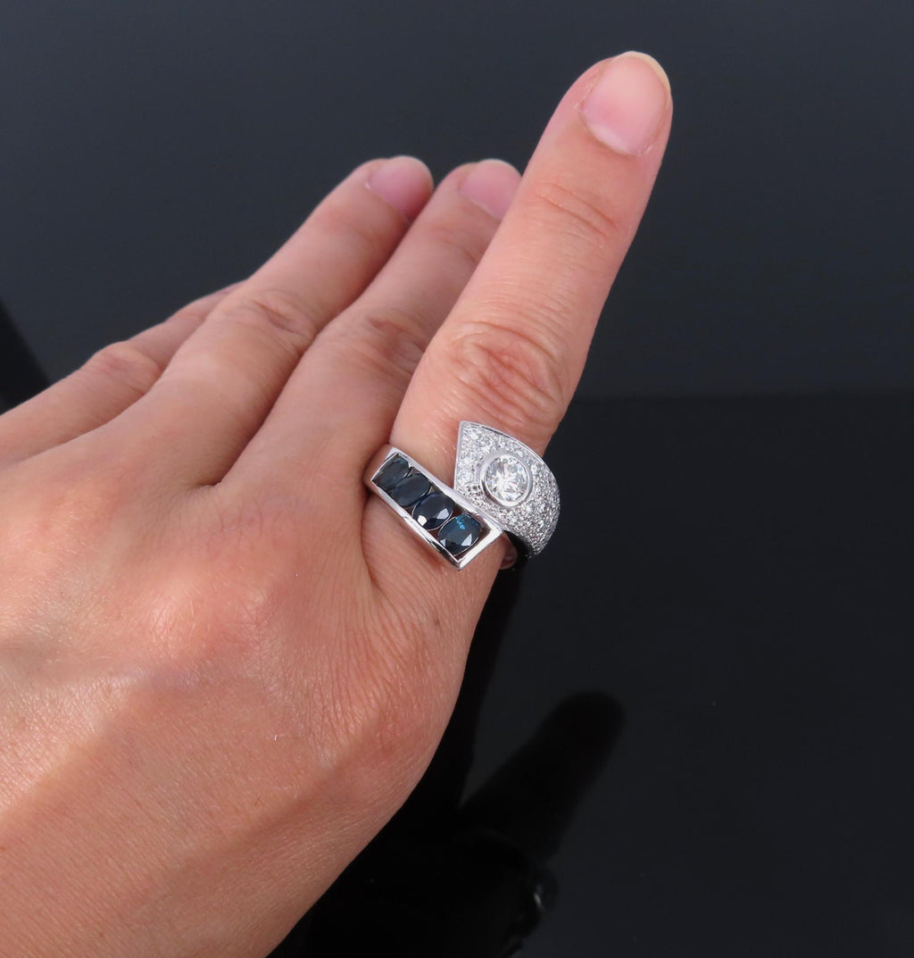 Vintage 0.88ct Diamond & 0.90ct Sapphire Platinum Crossover Ring Size 7 11.3gr