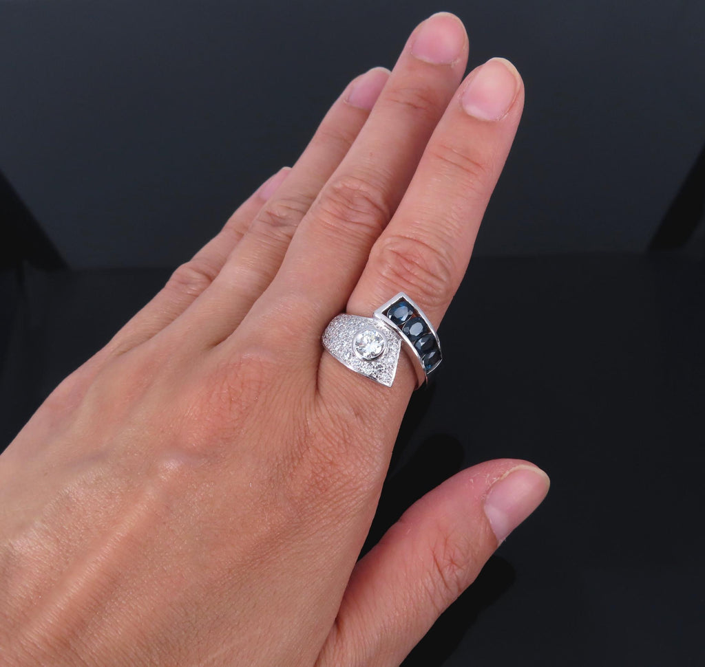 Vintage 0.88ct Diamond & 0.90ct Sapphire Platinum Crossover Ring Size 7 11.3gr