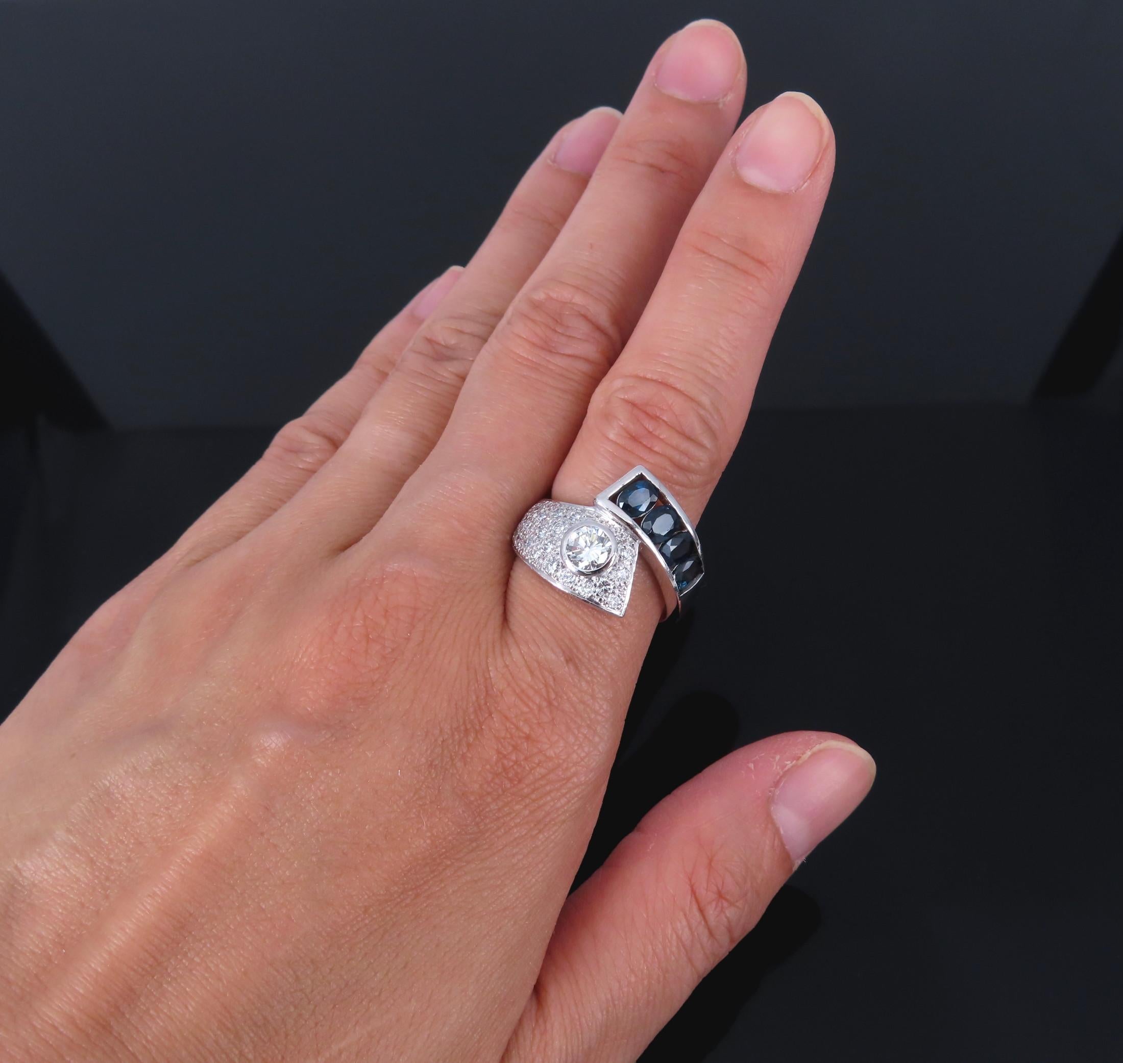 Vintage 0.88ct Diamond & 0.90ct Sapphire Platinum Crossover Ring Size 7 11.3gr