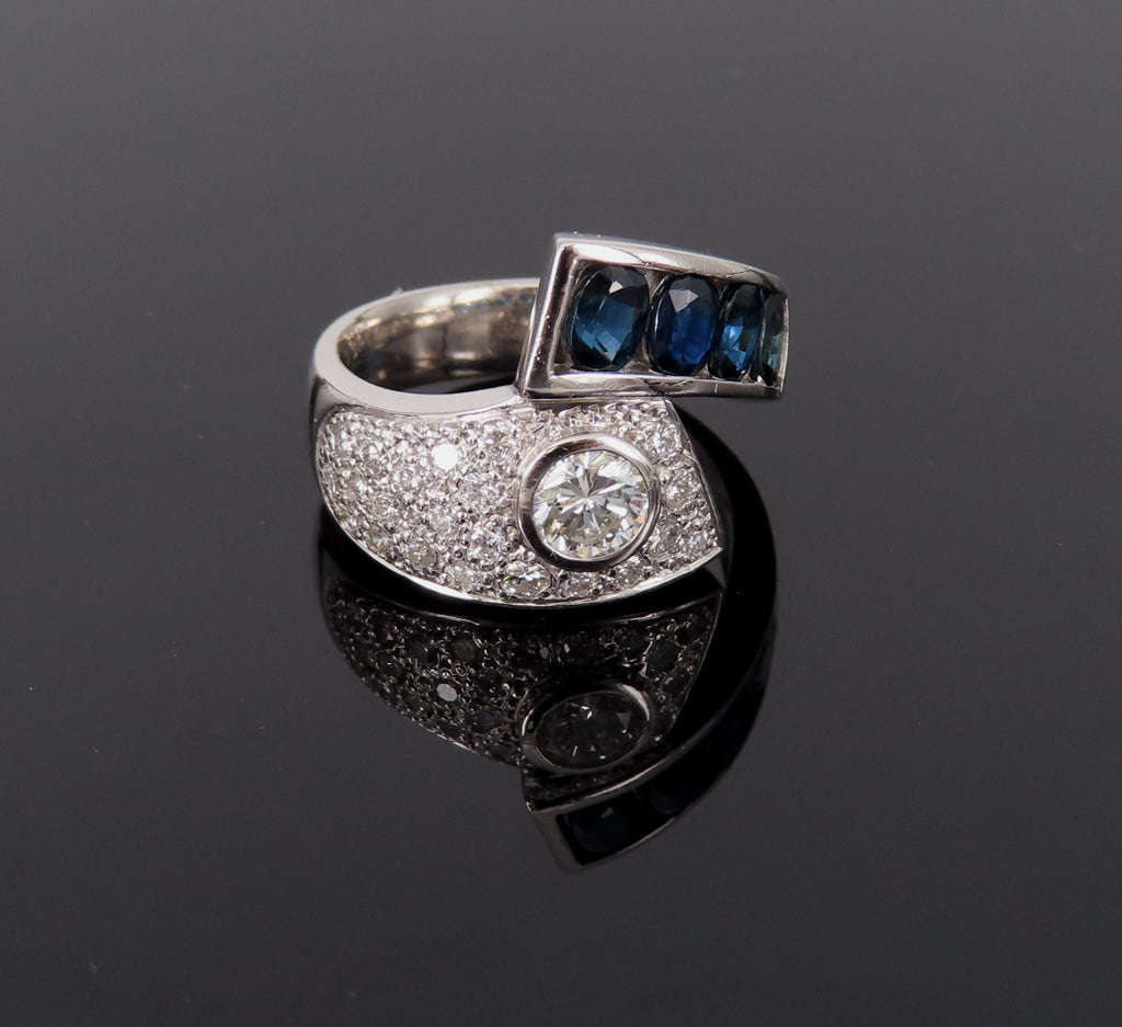 Vintage 0.88ct Diamond & 0.90ct Sapphire Platinum Crossover Ring Size 7 11.3gr