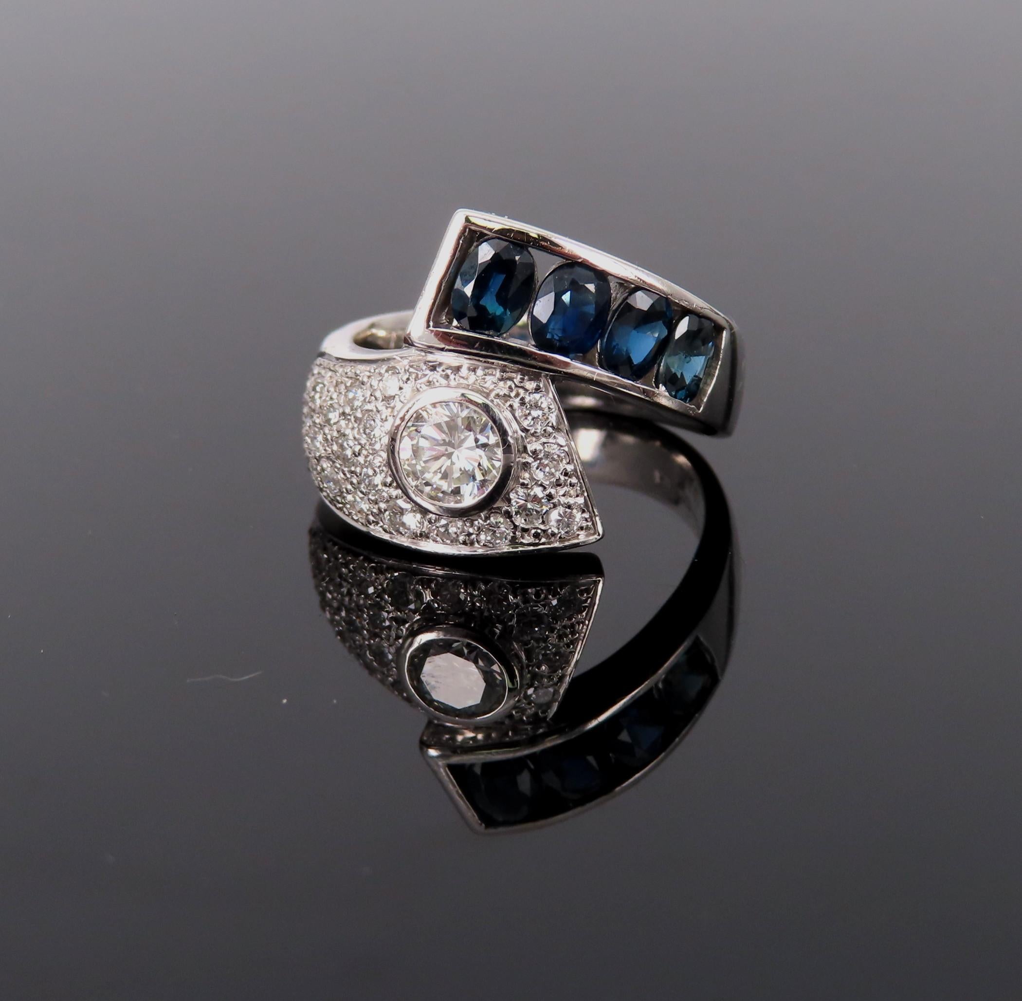 Vintage 0.88ct Diamond & 0.90ct Sapphire Platinum Crossover Ring Size 7 11.3gr