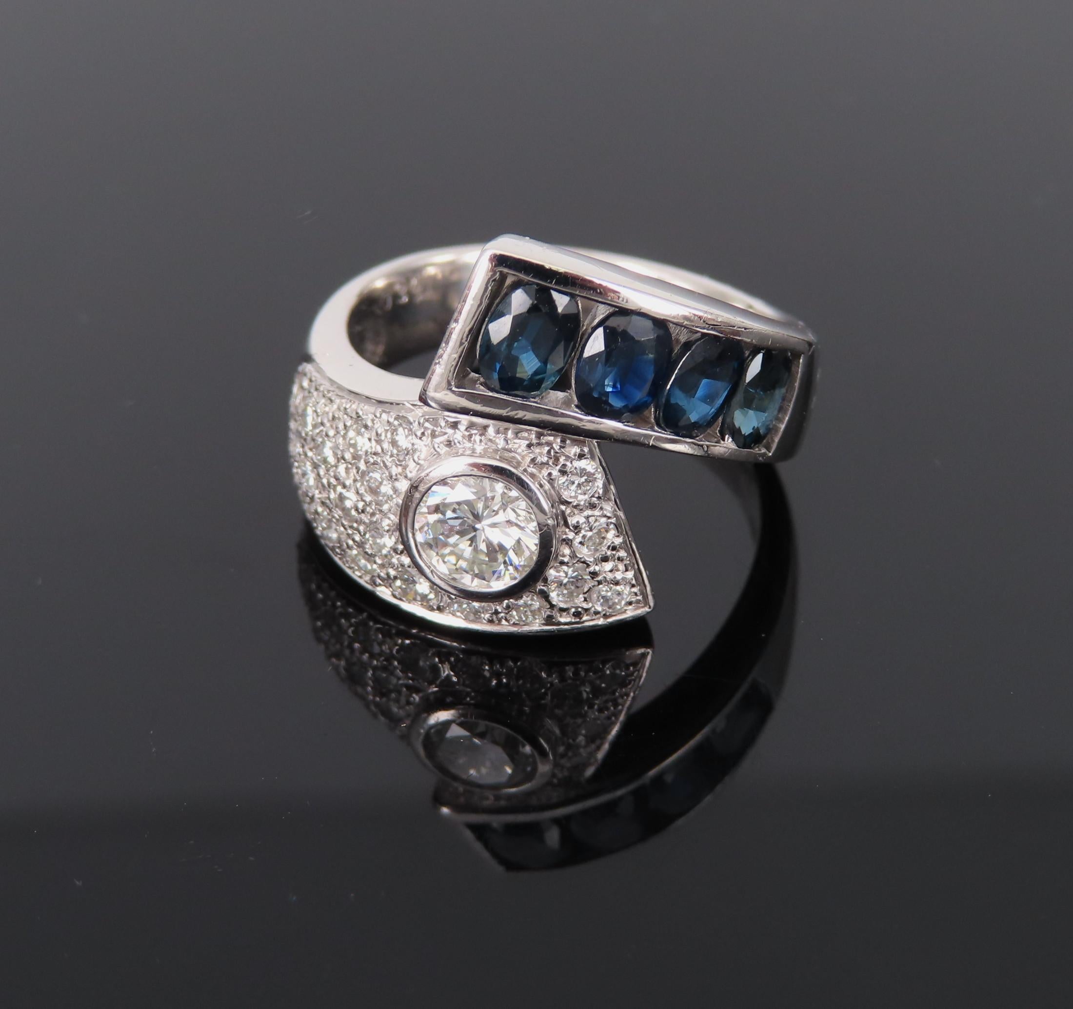Vintage 0.88ct Diamond & 0.90ct Sapphire Platinum Crossover Ring Size 7 11.3gr