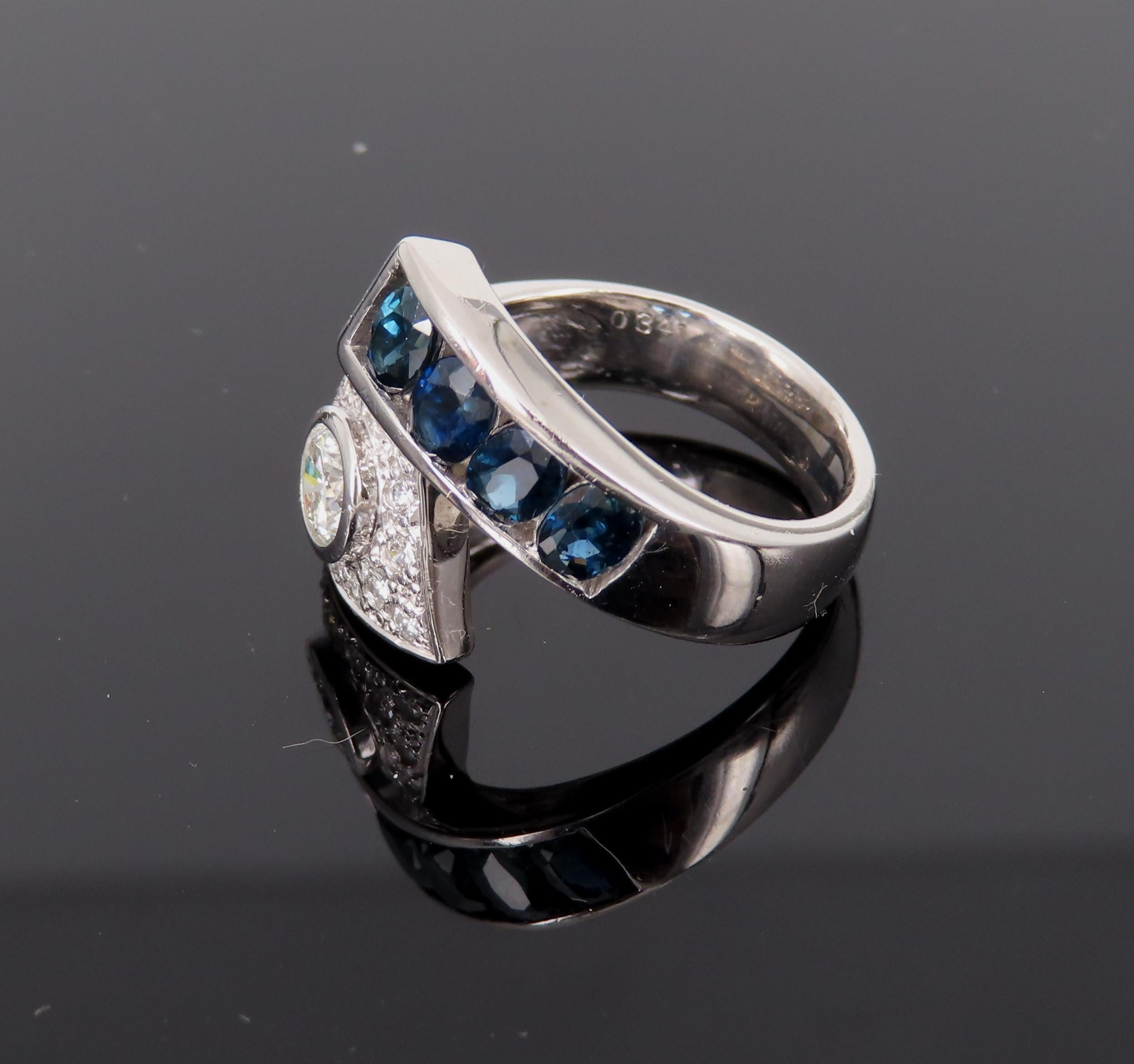 Vintage 0.88ct Diamond & 0.90ct Sapphire Platinum Crossover Ring Size 7 11.3gr
