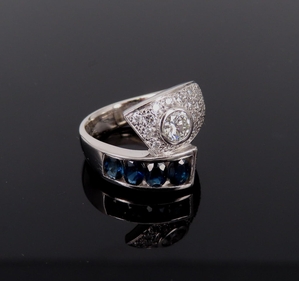 Vintage 0.88ct Diamond & 0.90ct Sapphire Platinum Crossover Ring Size 7 11.3gr