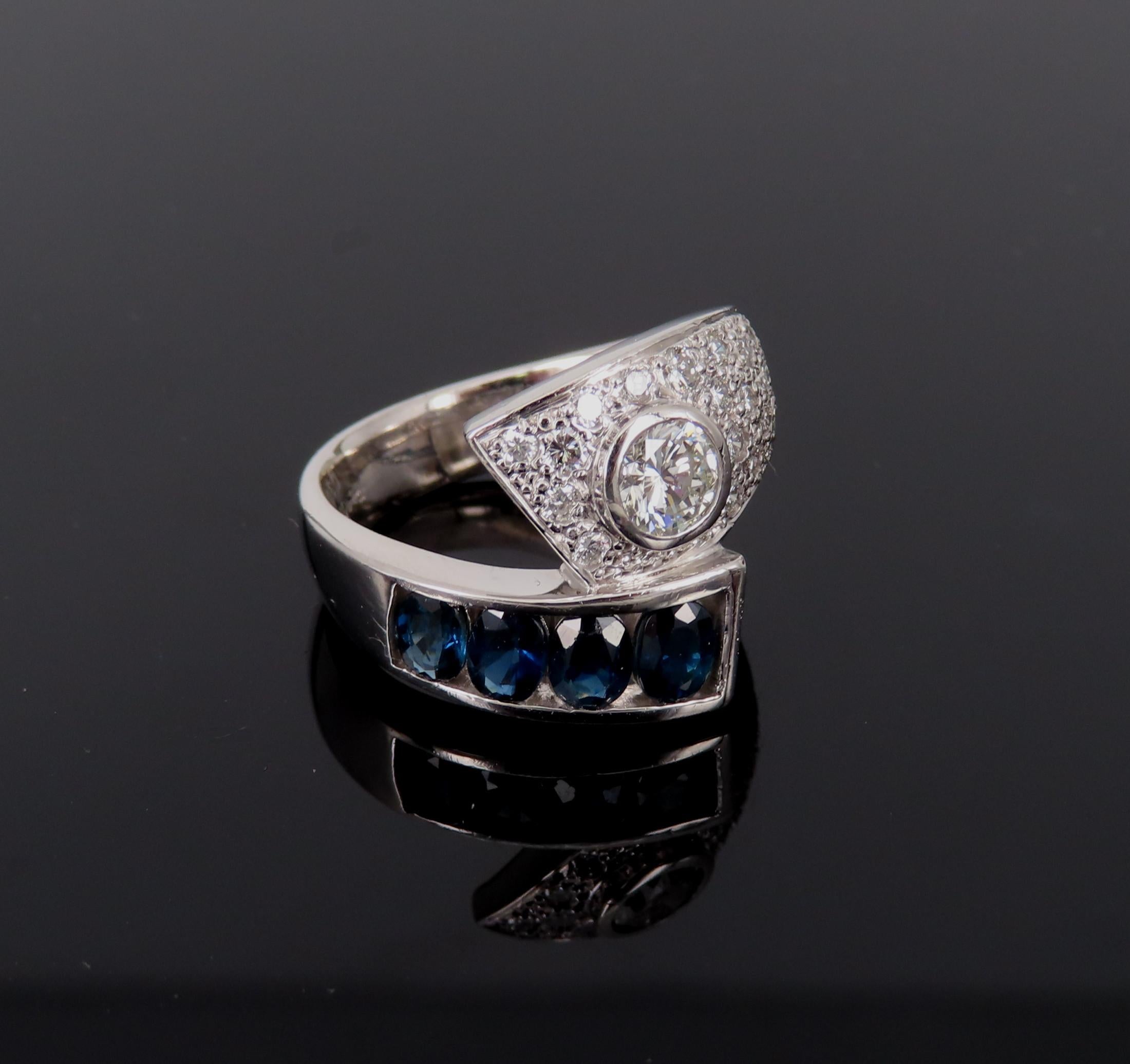 Vintage 0.88ct Diamond & 0.90ct Sapphire Platinum Crossover Ring Size 7 11.3gr