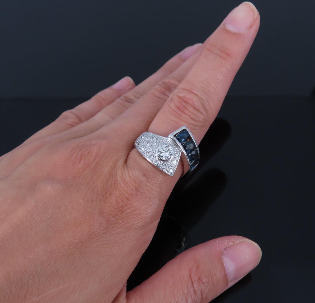 Vintage 0.88ct Diamond & 0.90ct Sapphire Platinum Crossover Ring Size 7 11.3gr