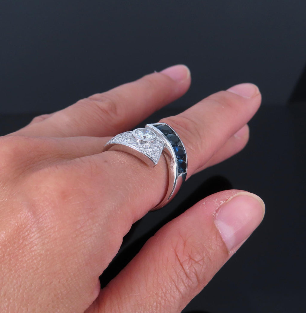 Vintage 0.88ct Diamond & 0.90ct Sapphire Platinum Crossover Ring Size 7 11.3gr