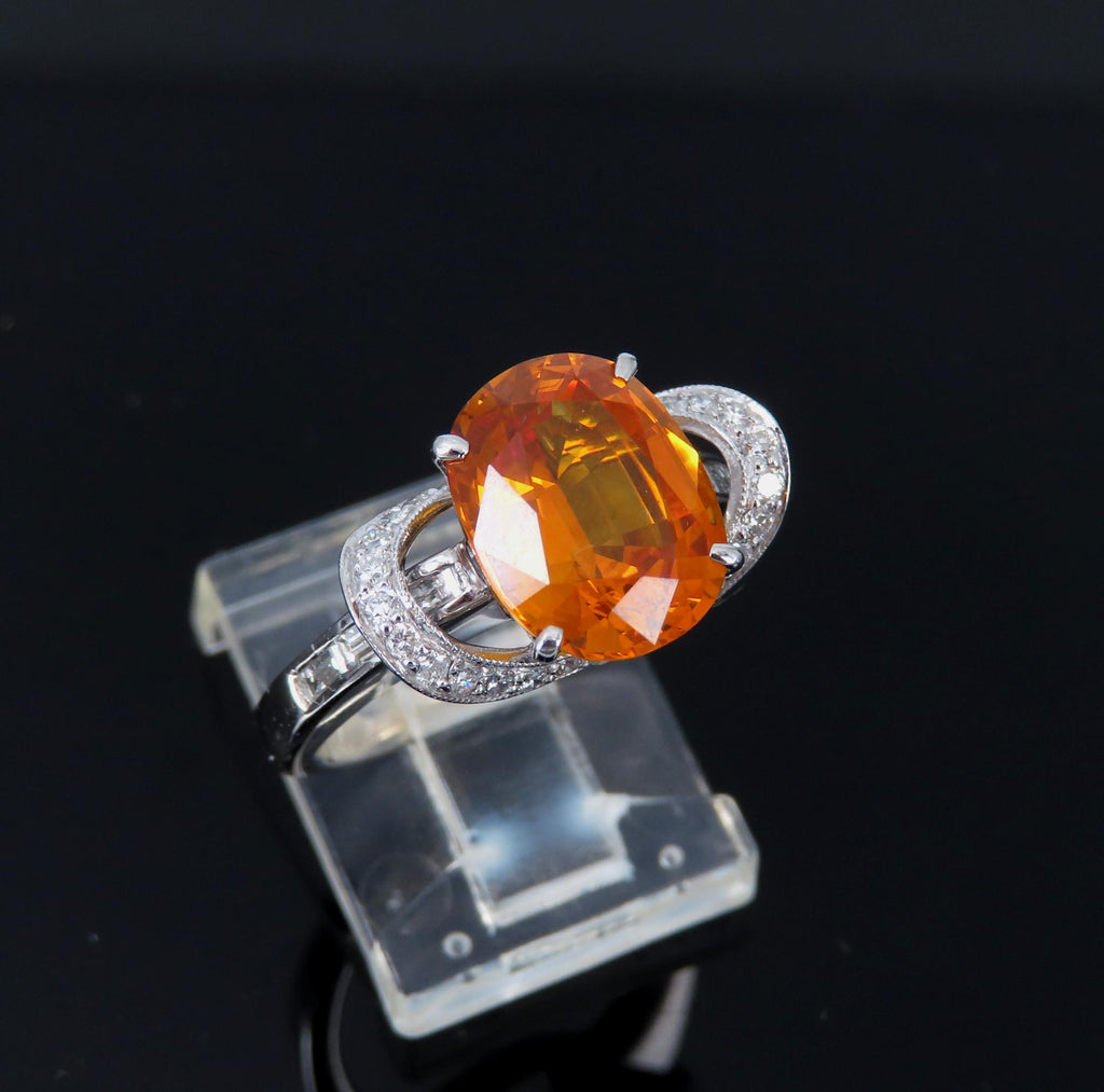4.49ct GIA Vivid Orange Sapphire & 0.51ct Diamond Platinum Ring Size 6.5 8.1gr