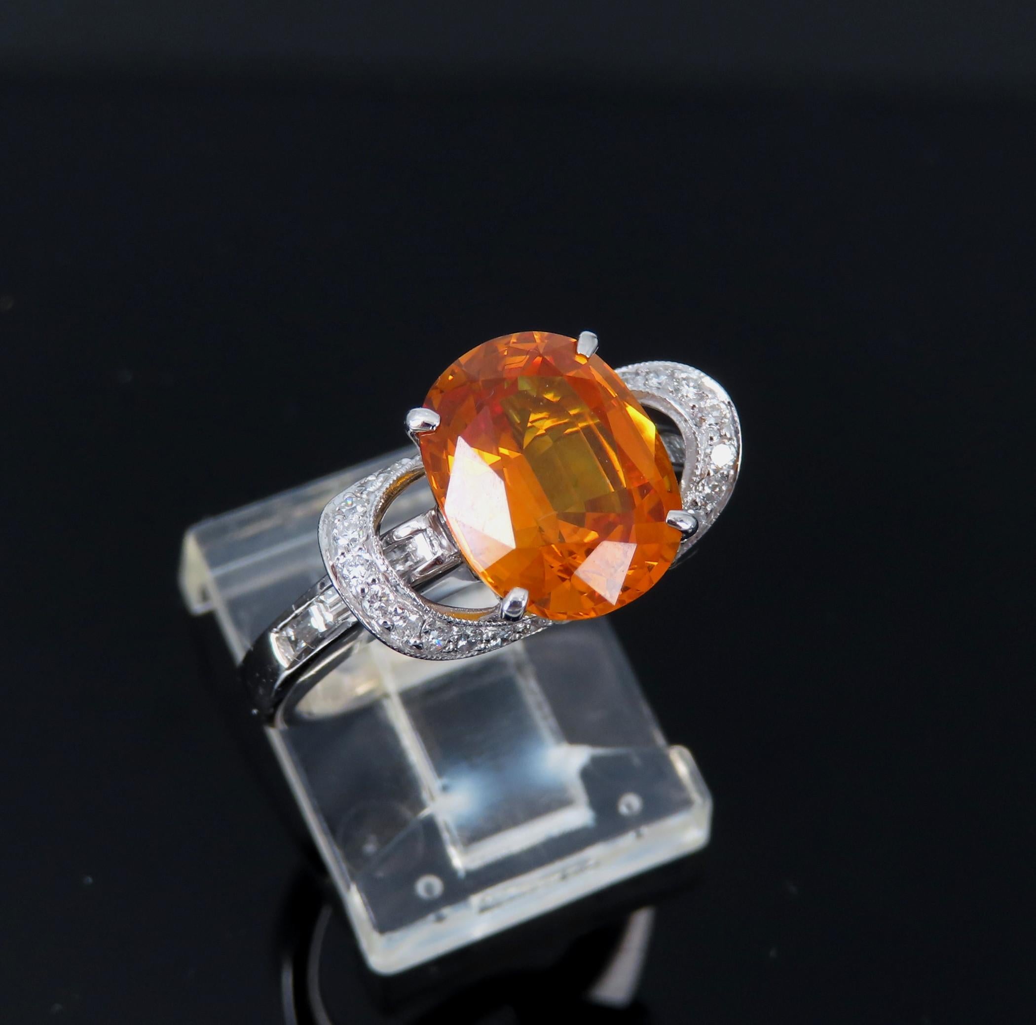 4.49ct GIA Vivid Orange Sapphire & 0.51ct Diamond Platinum Ring Size 6.5 8.1gr