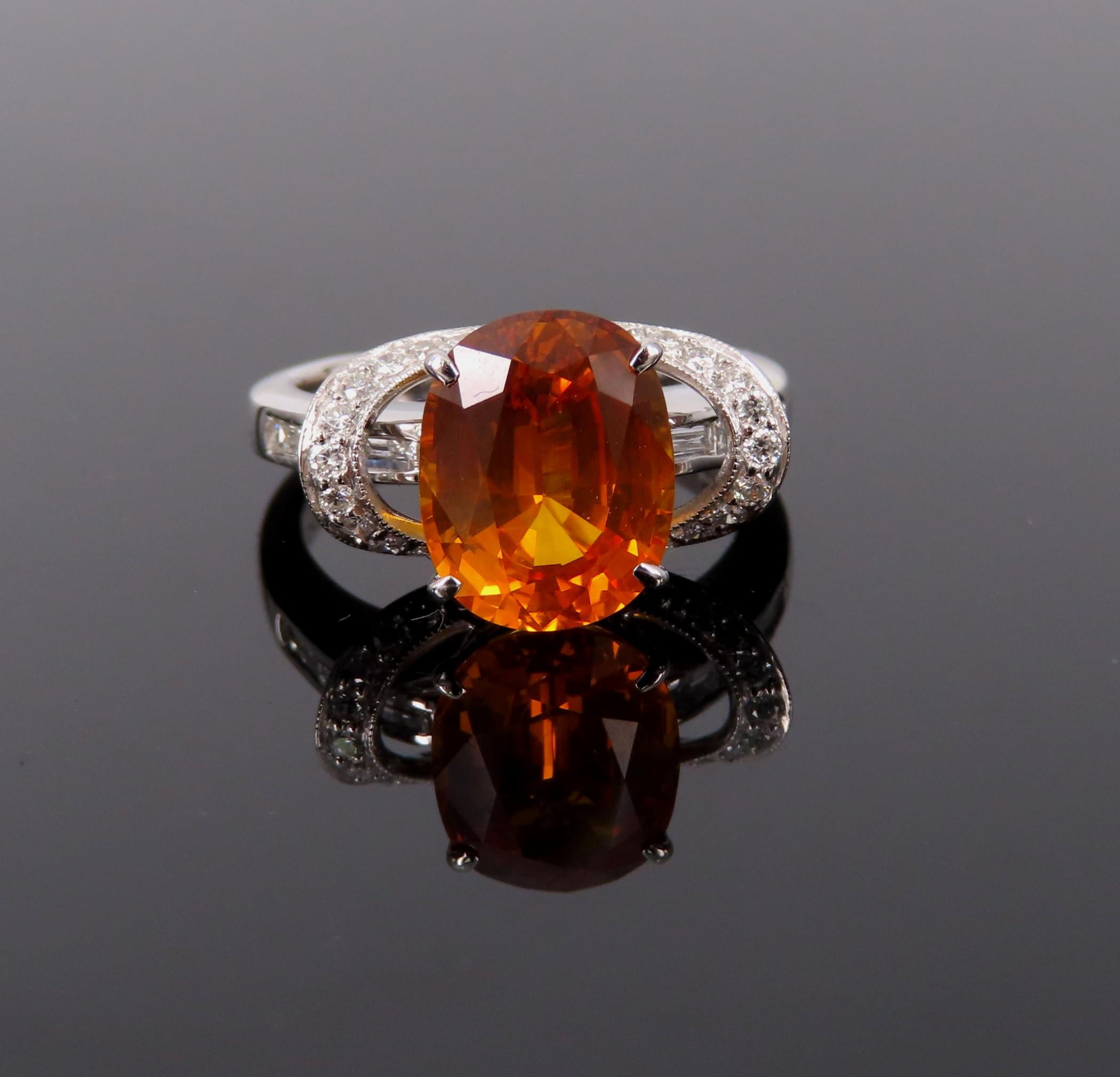 4.49ct GIA Vivid Orange Sapphire & 0.51ct Diamond Platinum Ring Size 6.5 8.1gr